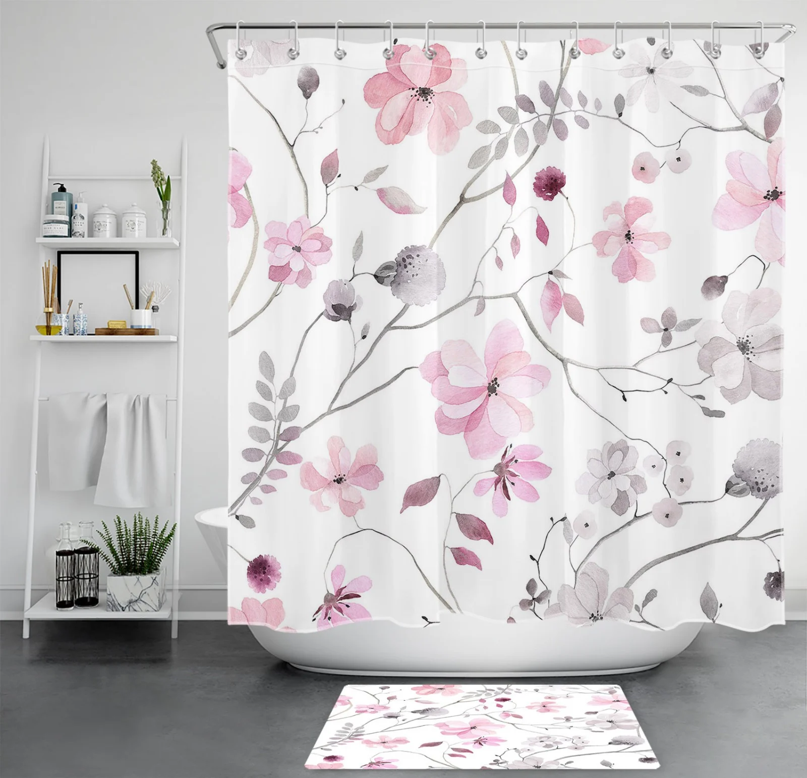 Botanical Grey Leaf Purple Wildflower Shower Curtain