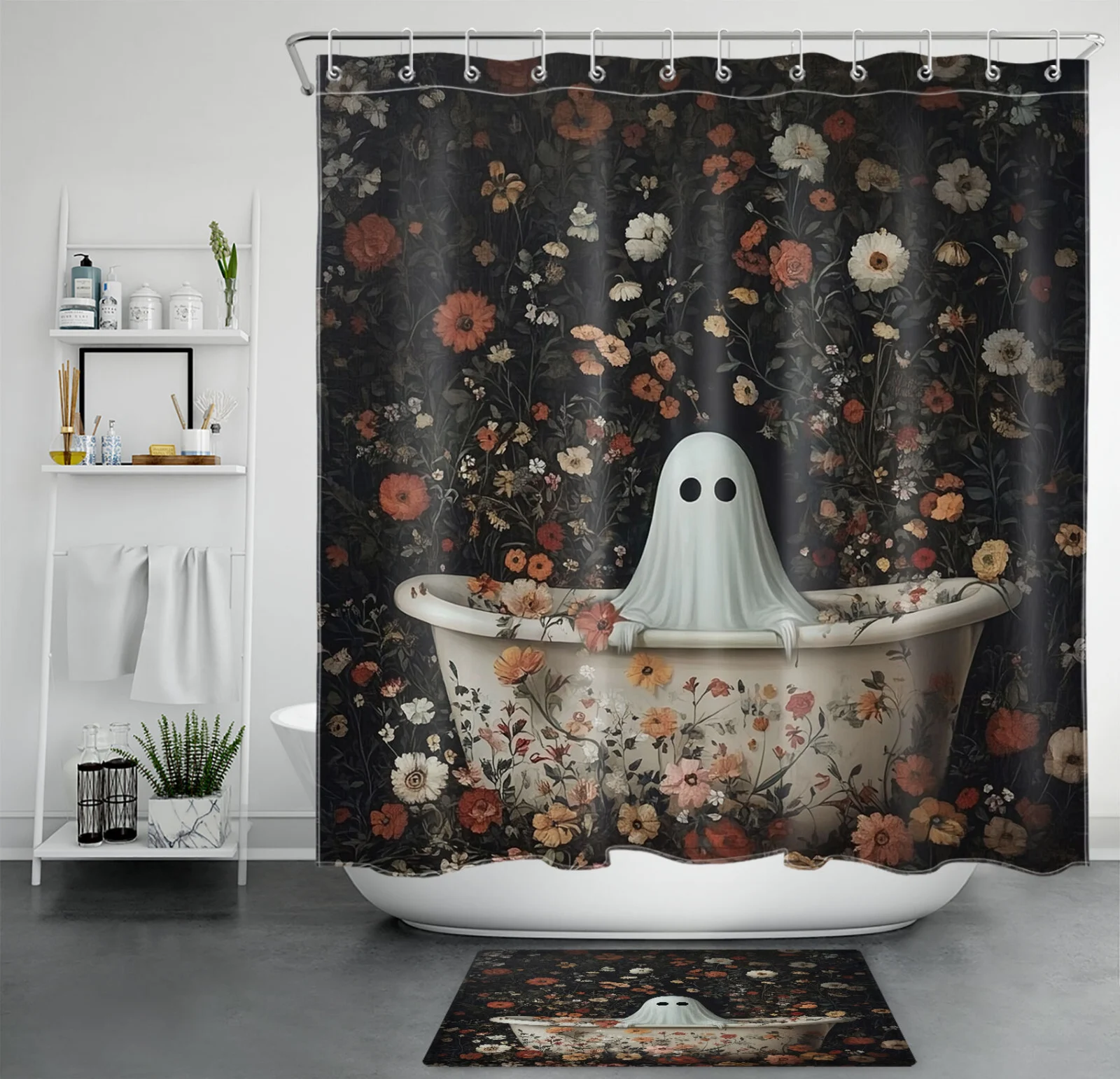 Blue Daisy Flower Spooky Halloween Ghost Shower Curtain