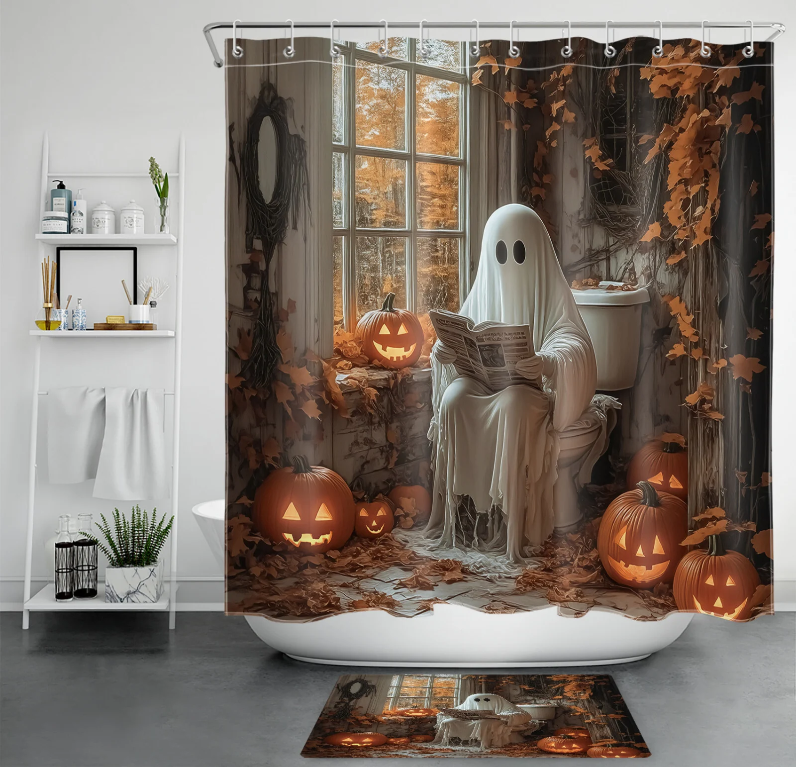 Coastal Harvest Blue Pumpkin Fall Beach Shower Curtain