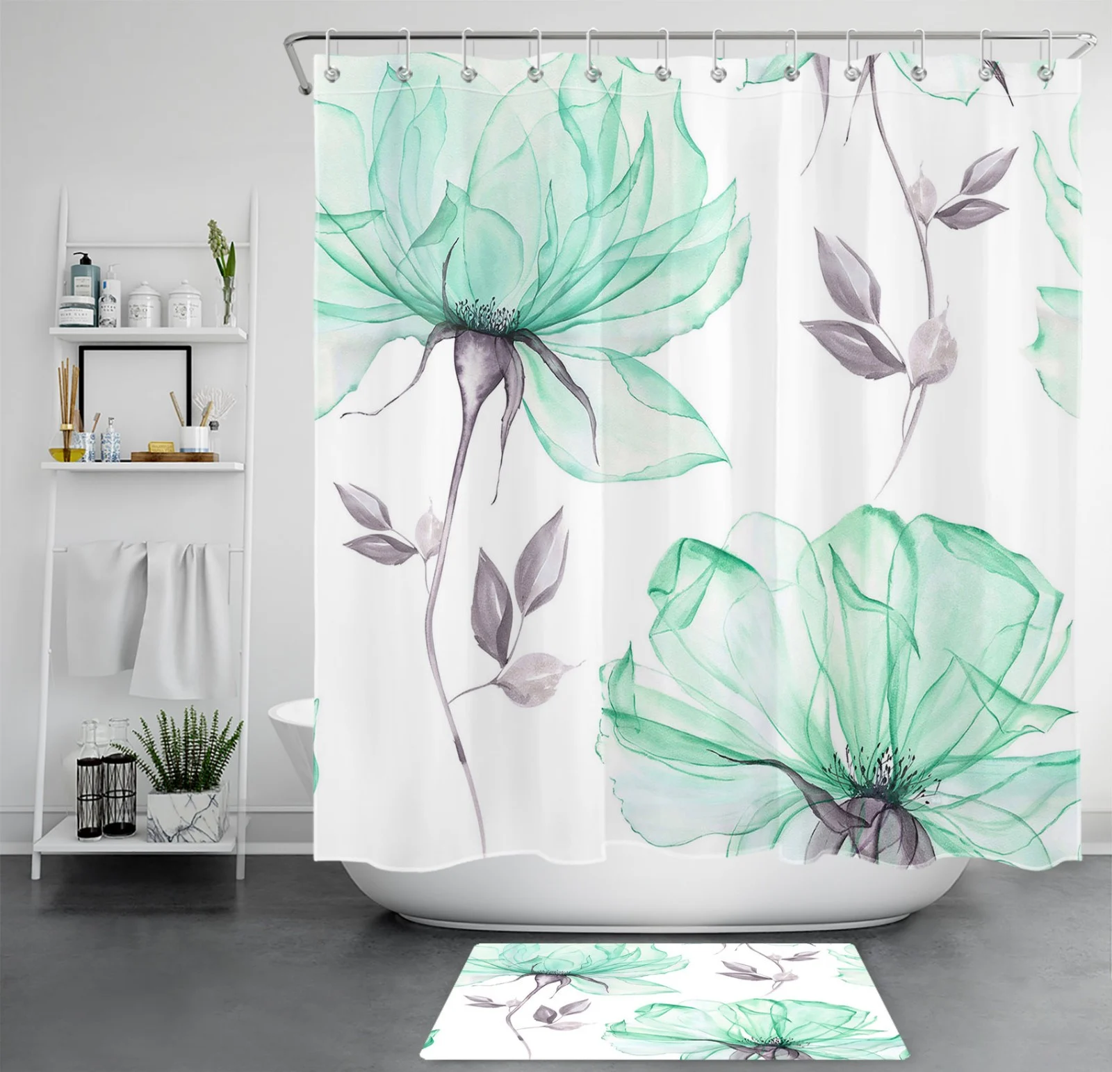 Botanical Grey Leaf Purple Wildflower Shower Curtain