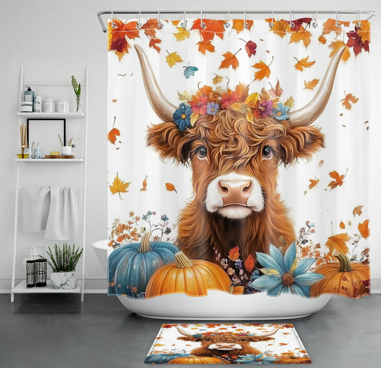 Autumn Leaves Orange Pumpkin Fall Cat Shower Curtain