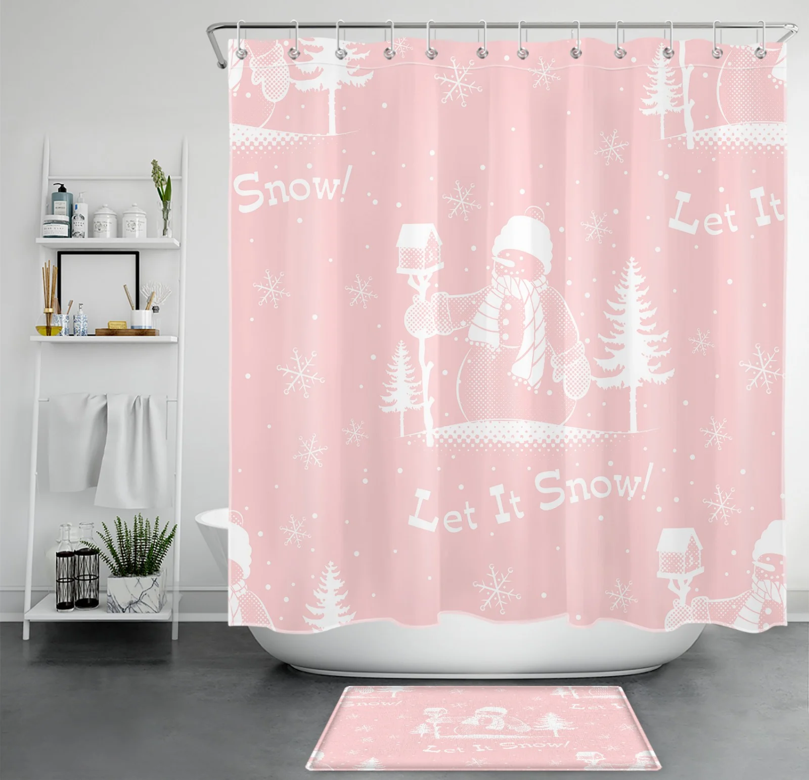 Rustic let Is Snow Pink Christmas Snowman Shower Curtain