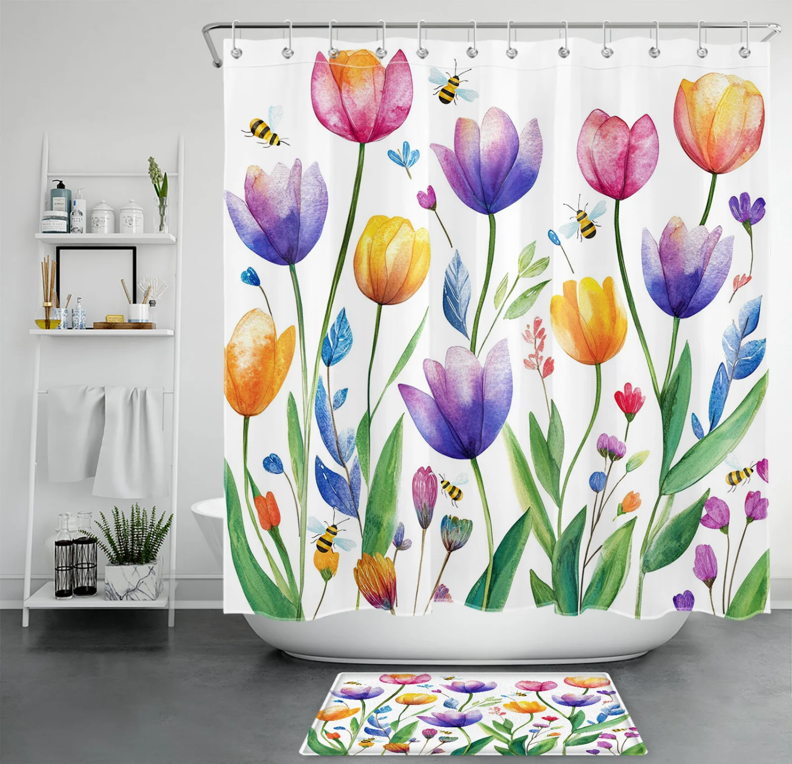 Bee Botanical Green Leaf Purple Floral Shower Curtain