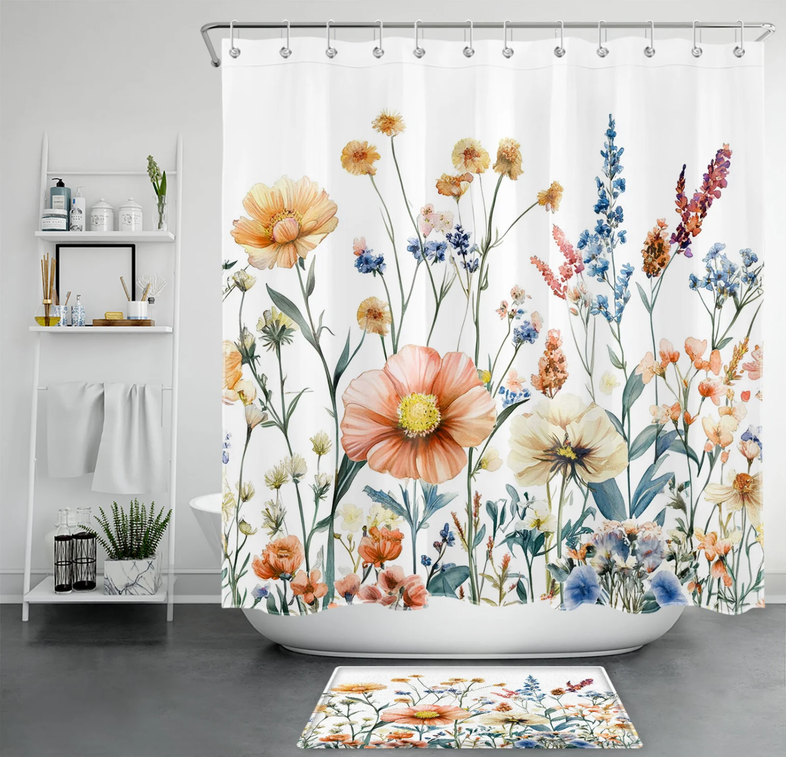 Autumn Pink and Blue Flower Fall Floral Shower Curtain