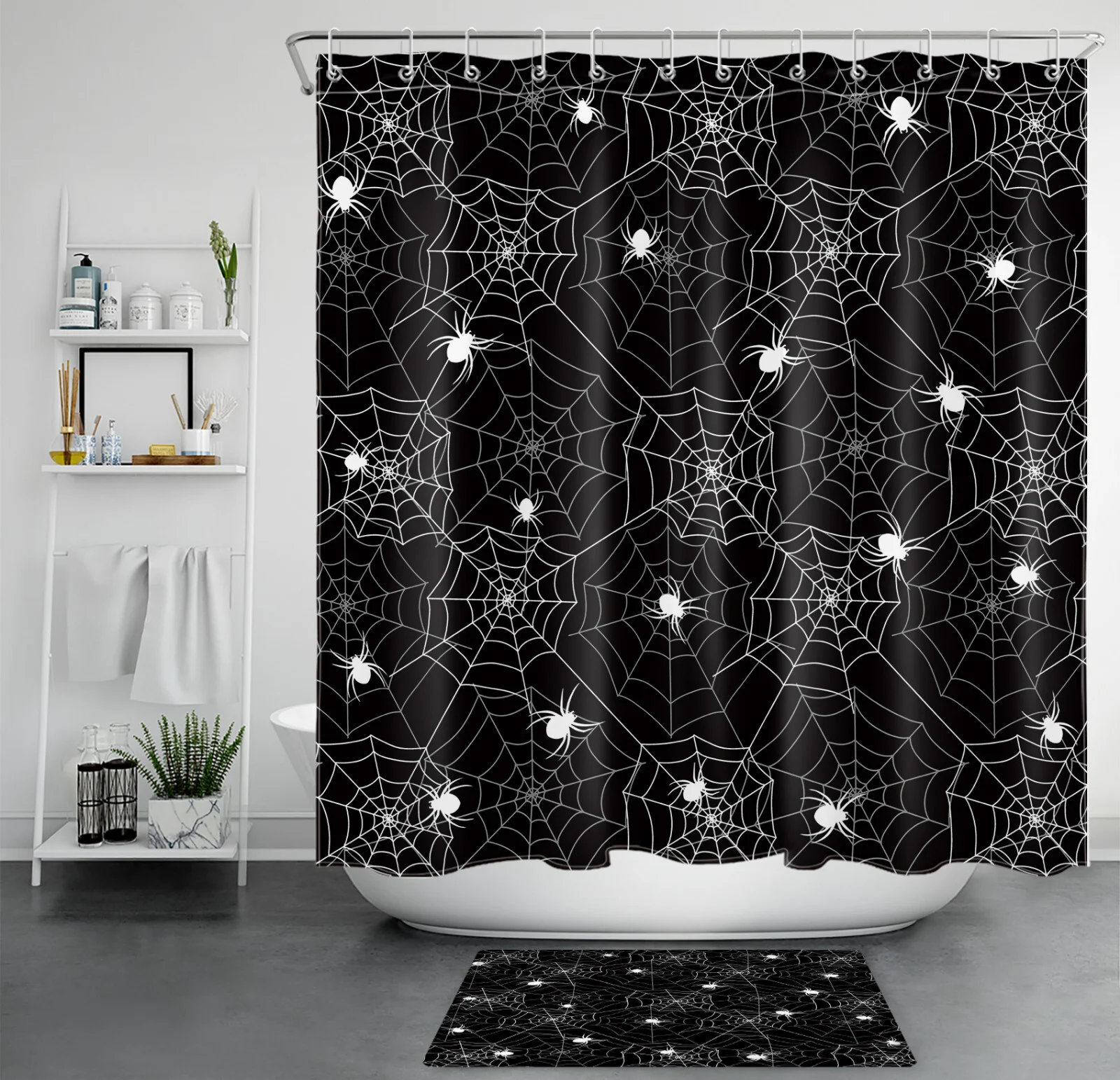 Pink Spider Web Black and White Halloween Shower Curtain Pink Spider Web Black and White Halloween Shower Curtain