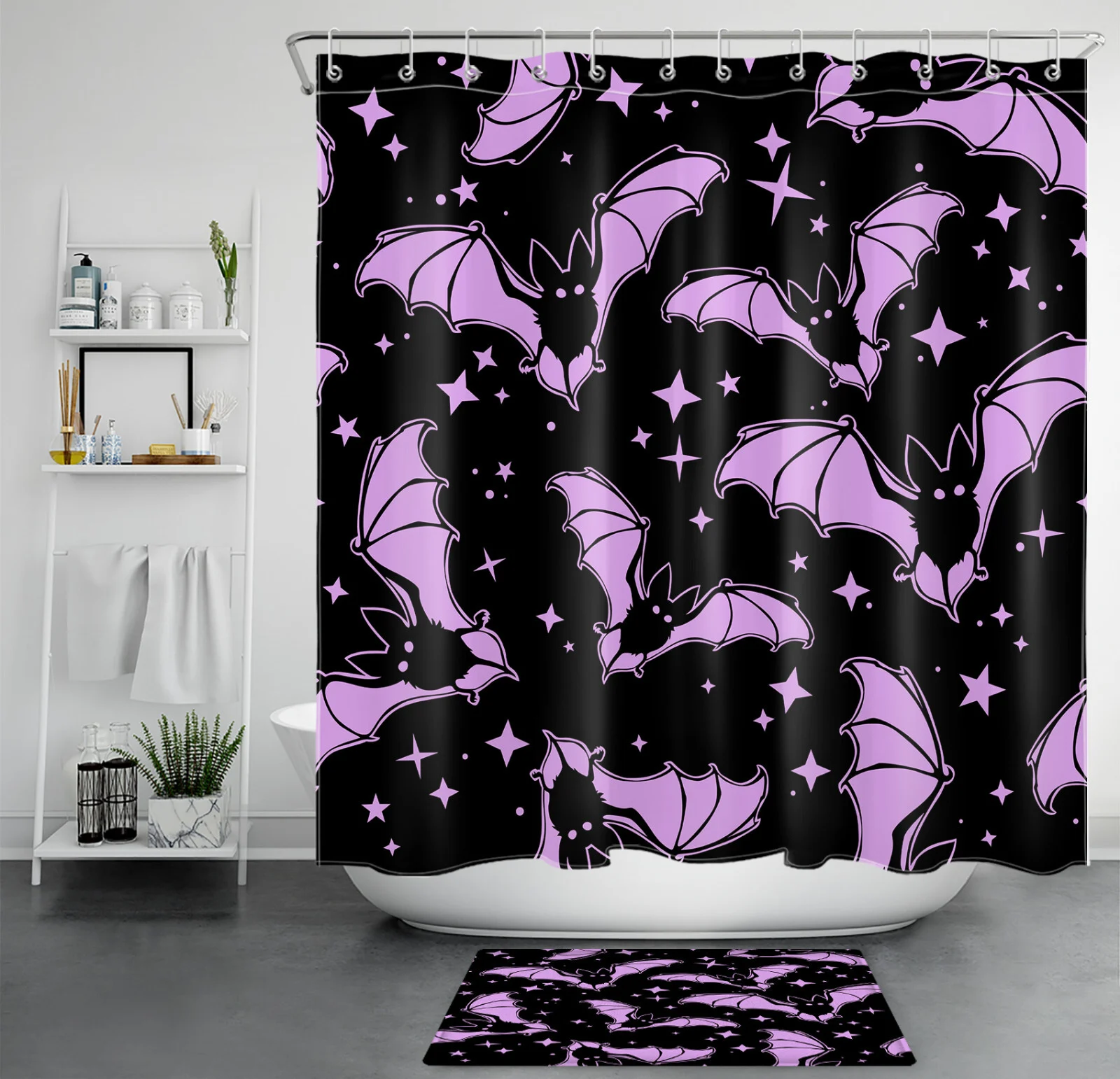 Scary Spooky Purple Bat Black Halloween Shower Curtain