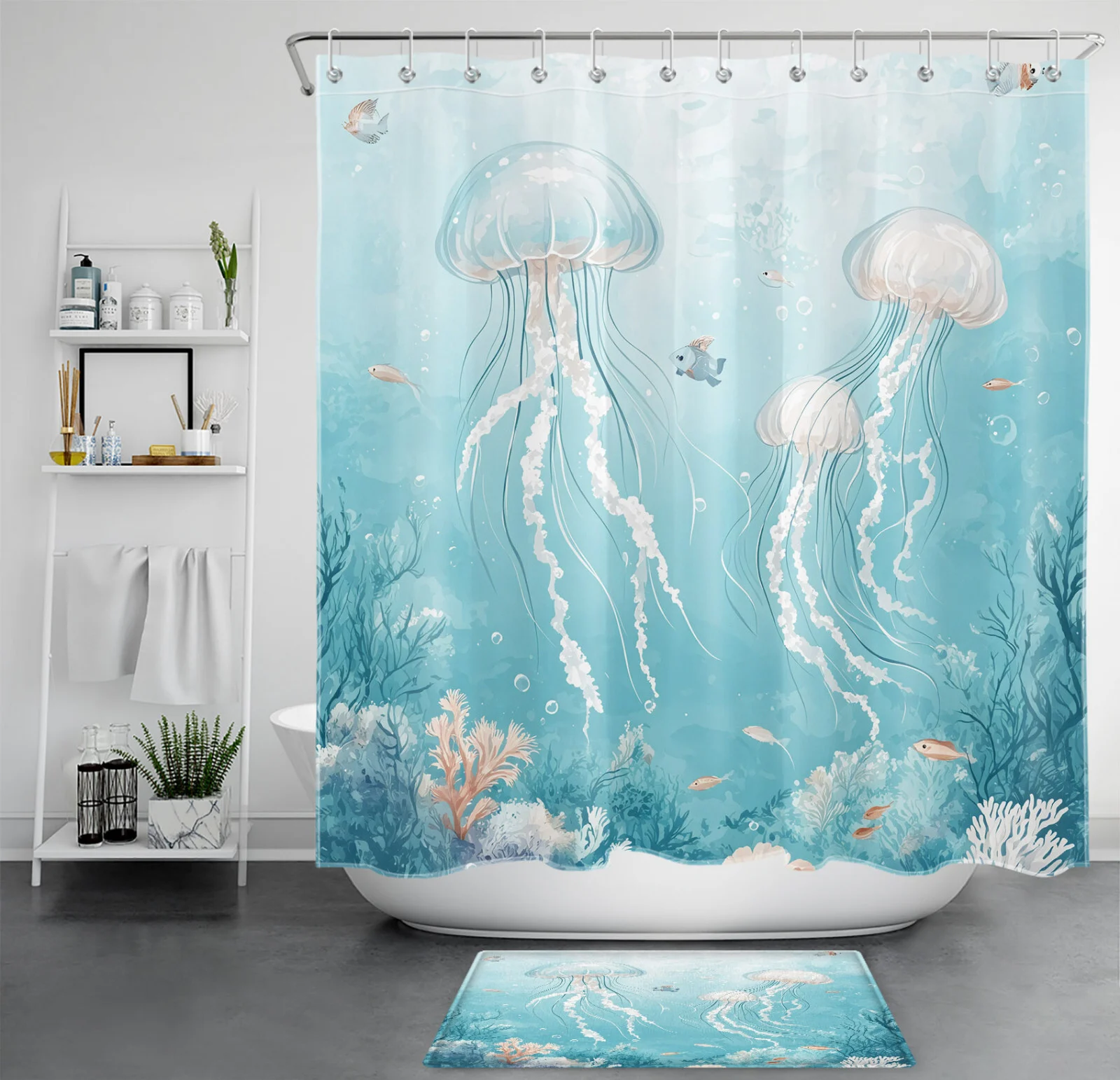 Nautical Ocean Sea Life Blue Jellyfish Shower Curtain Nautical Ocean Sea Life Blue Jellyfish Shower Curtain