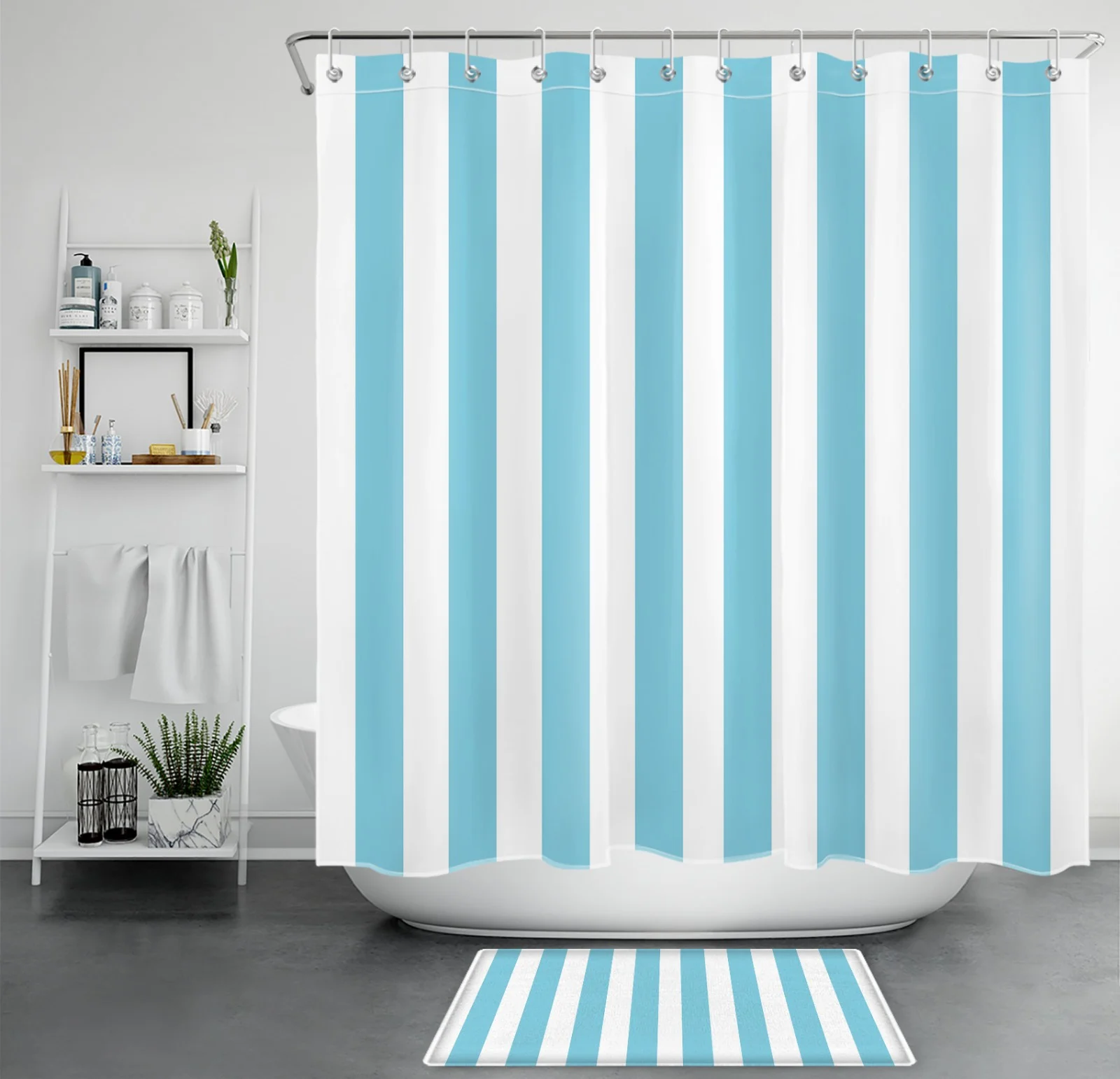 Modern Minimalist Green and Blue Striped Shower Curtain
