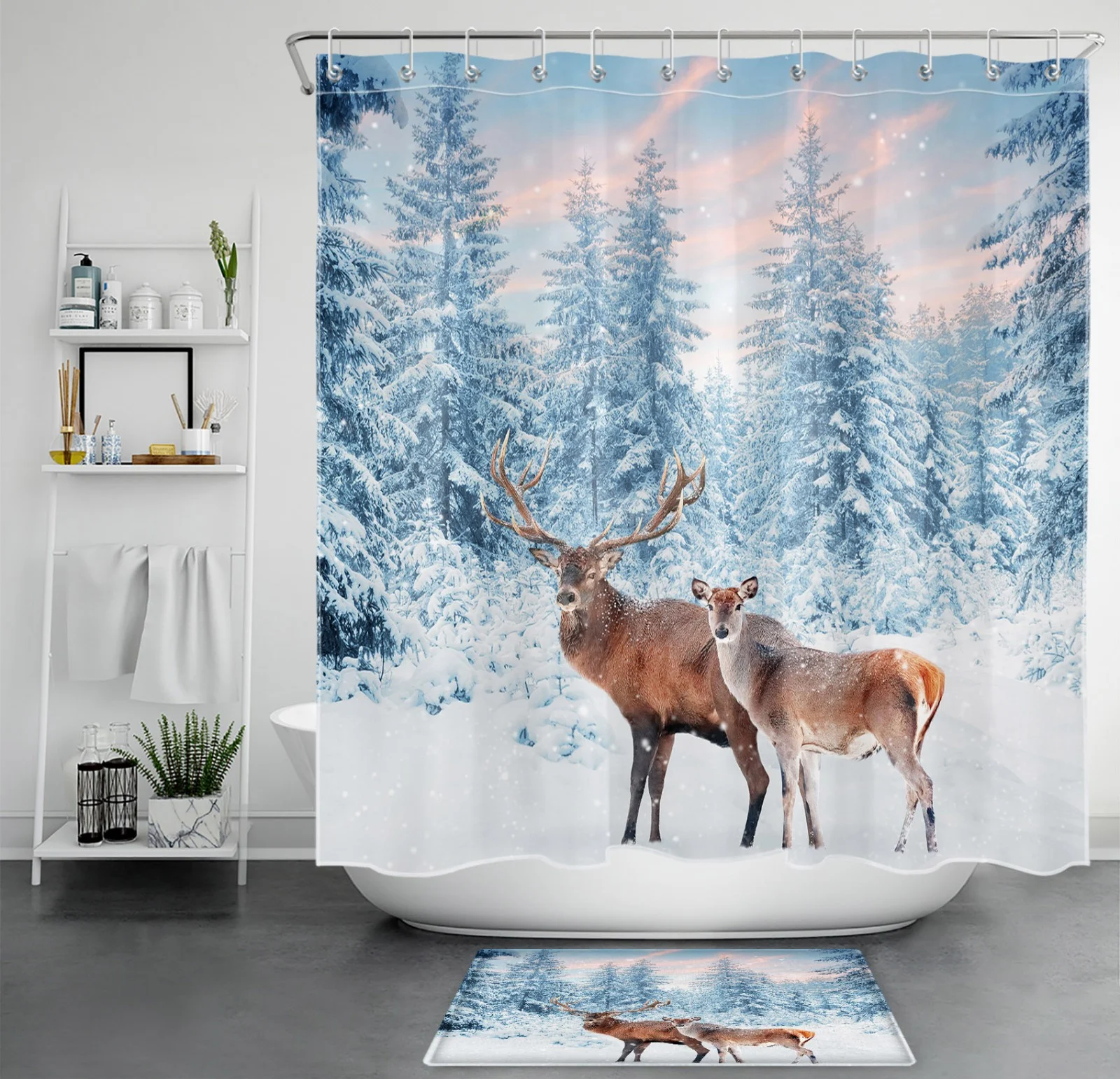 Winter Forest Pine Tree Christmas Deer Shower Curtain Winter Forest Pine Tree Christmas Deer Shower Curtain