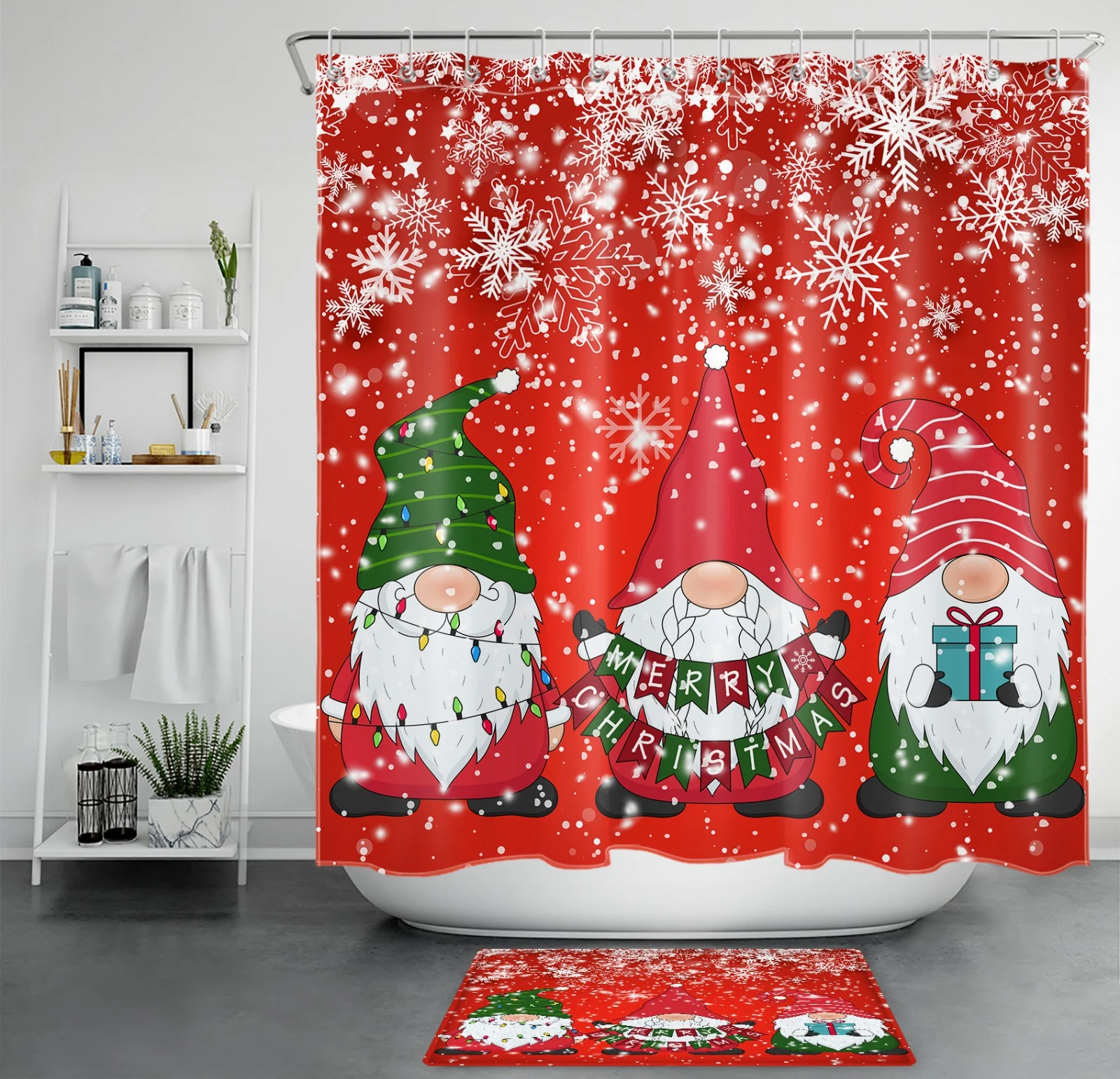 Winter Red and Green Gnome Blue Christmas Shower Curtain