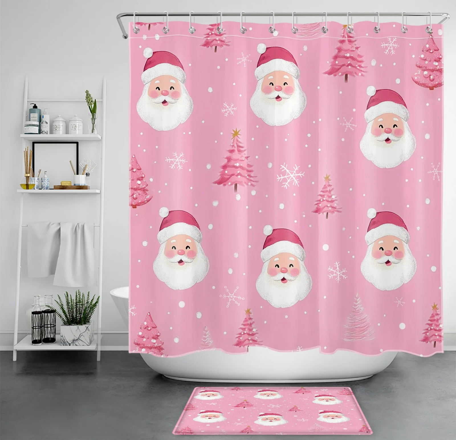 White Snowflake Forest Christmas Tree Red Shower Curtain