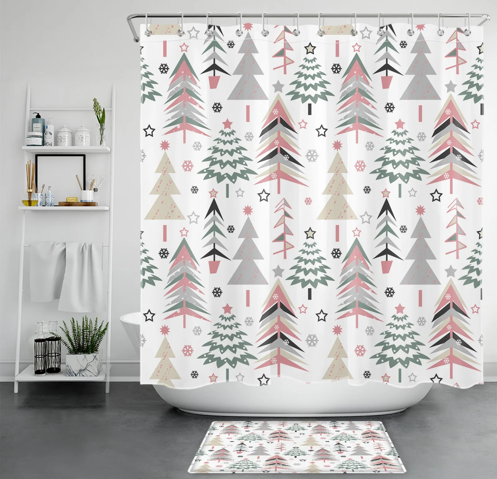 Snowflake Red Xmas Tree Black Christmas Shower Curtain