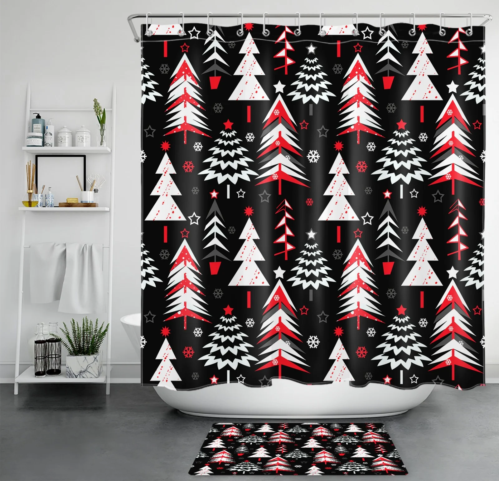 White Snowflake Snowman Black Christmas Shower Curtain