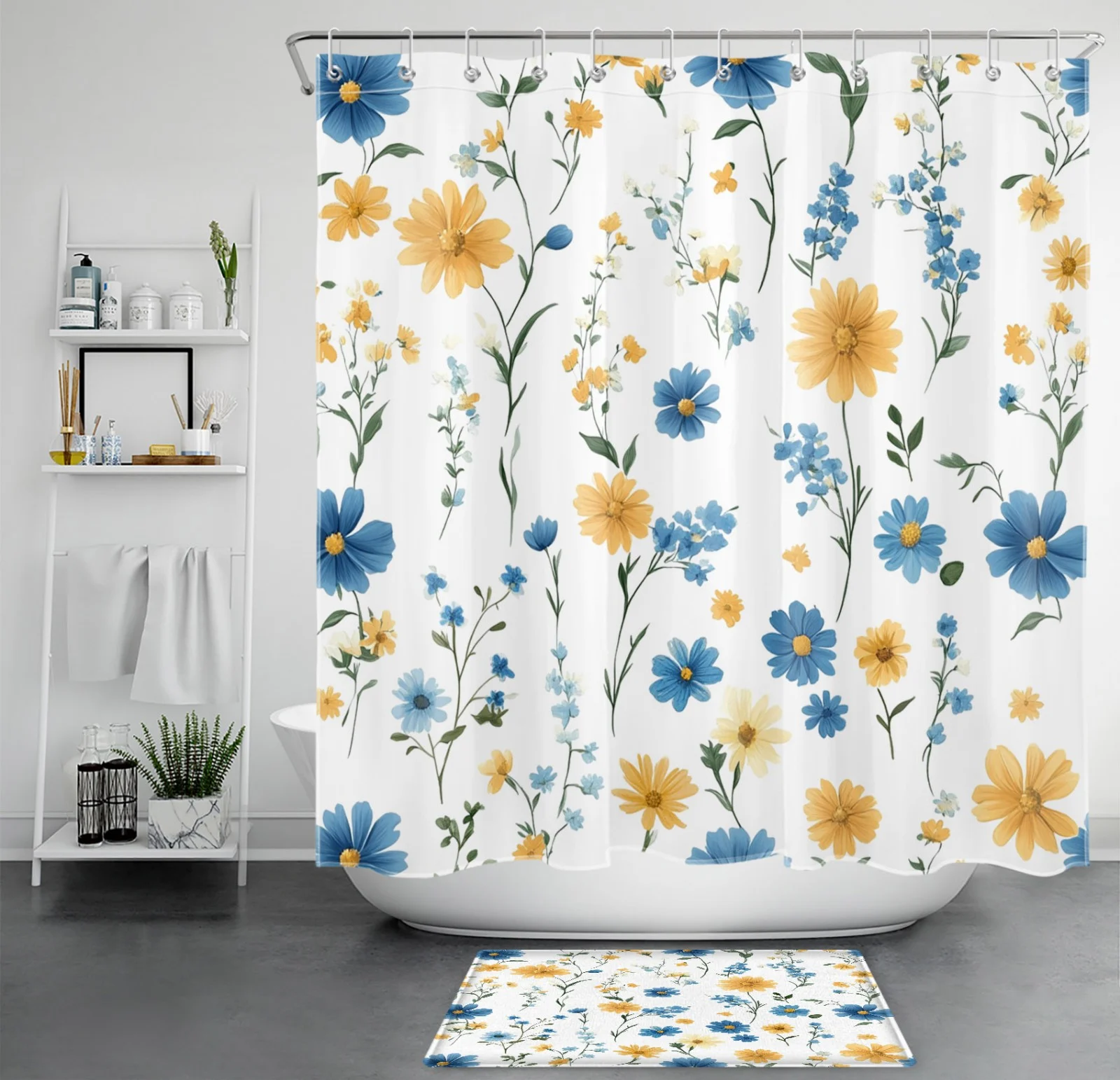 Botanical Sage Green Leaf Blue Floral Shower Curtain
