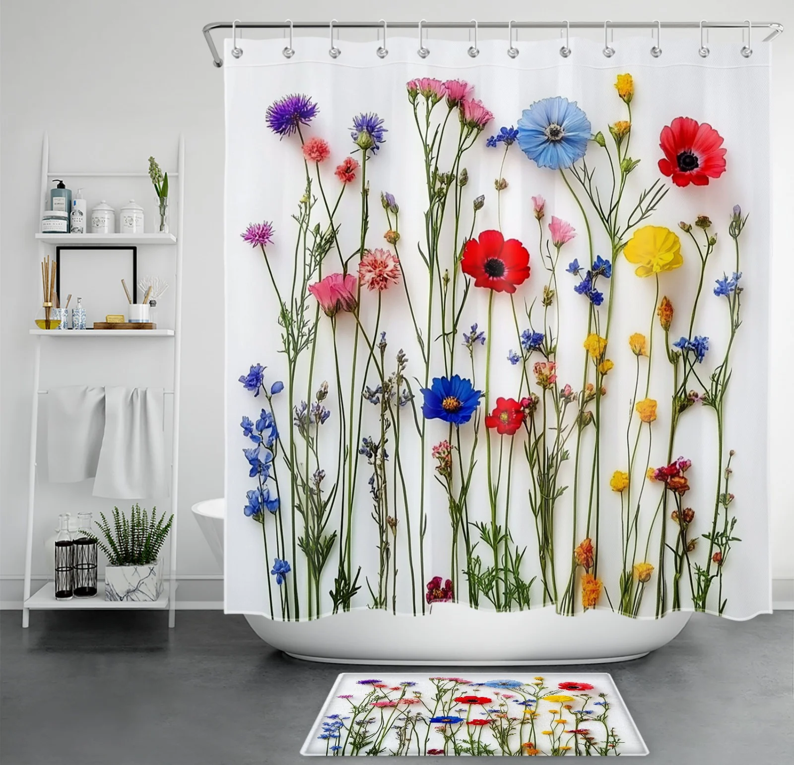 Green Leaf Botanical Colorful Wildflower Shower Curtain