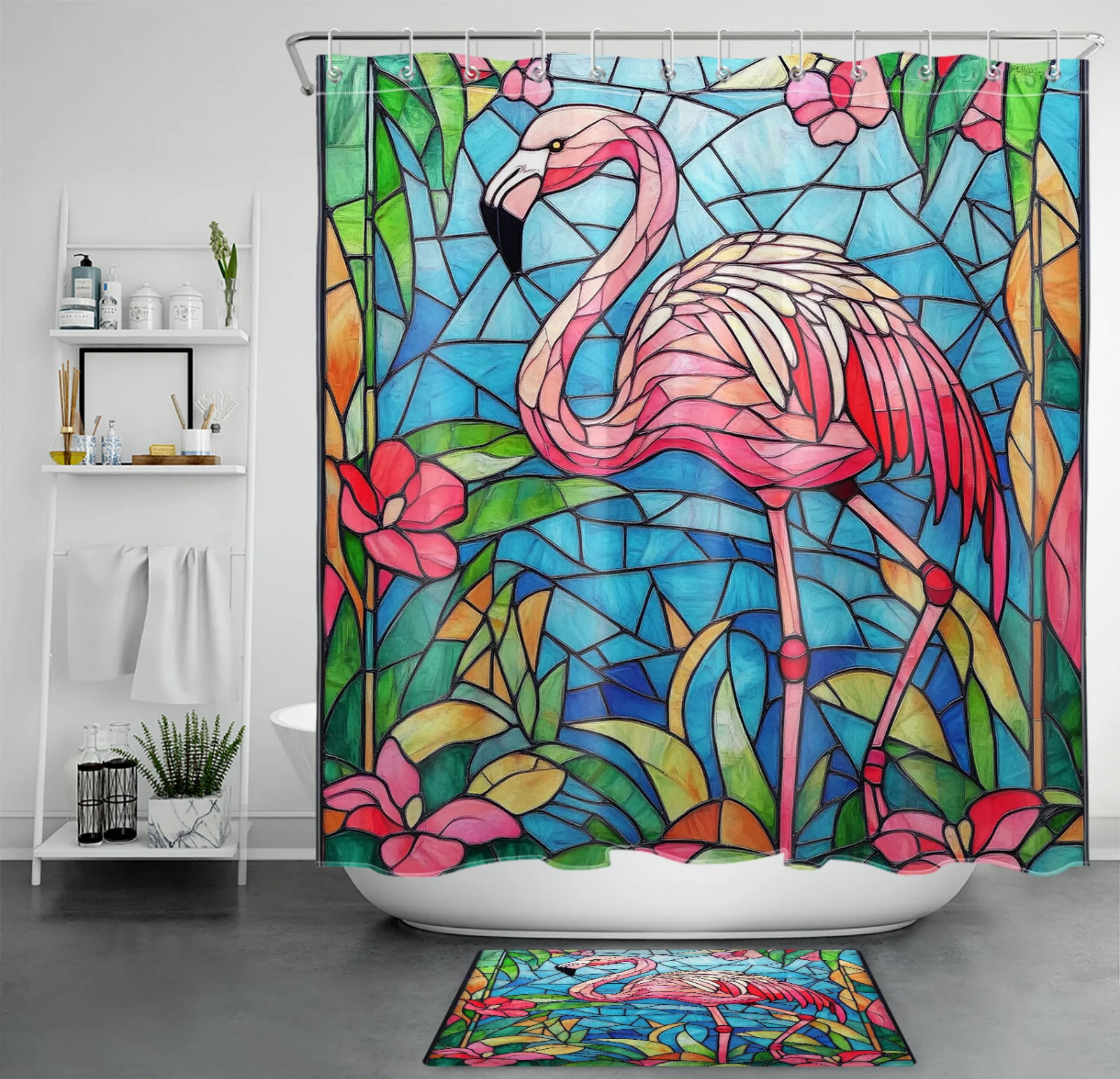 Green Leaves Stained Glass Pink Flamingo Shower Curtain