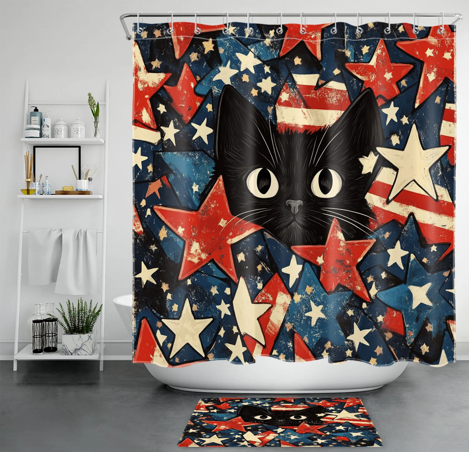 Patriotic Red White Blue Stars Cute Cat Shower Curtain
