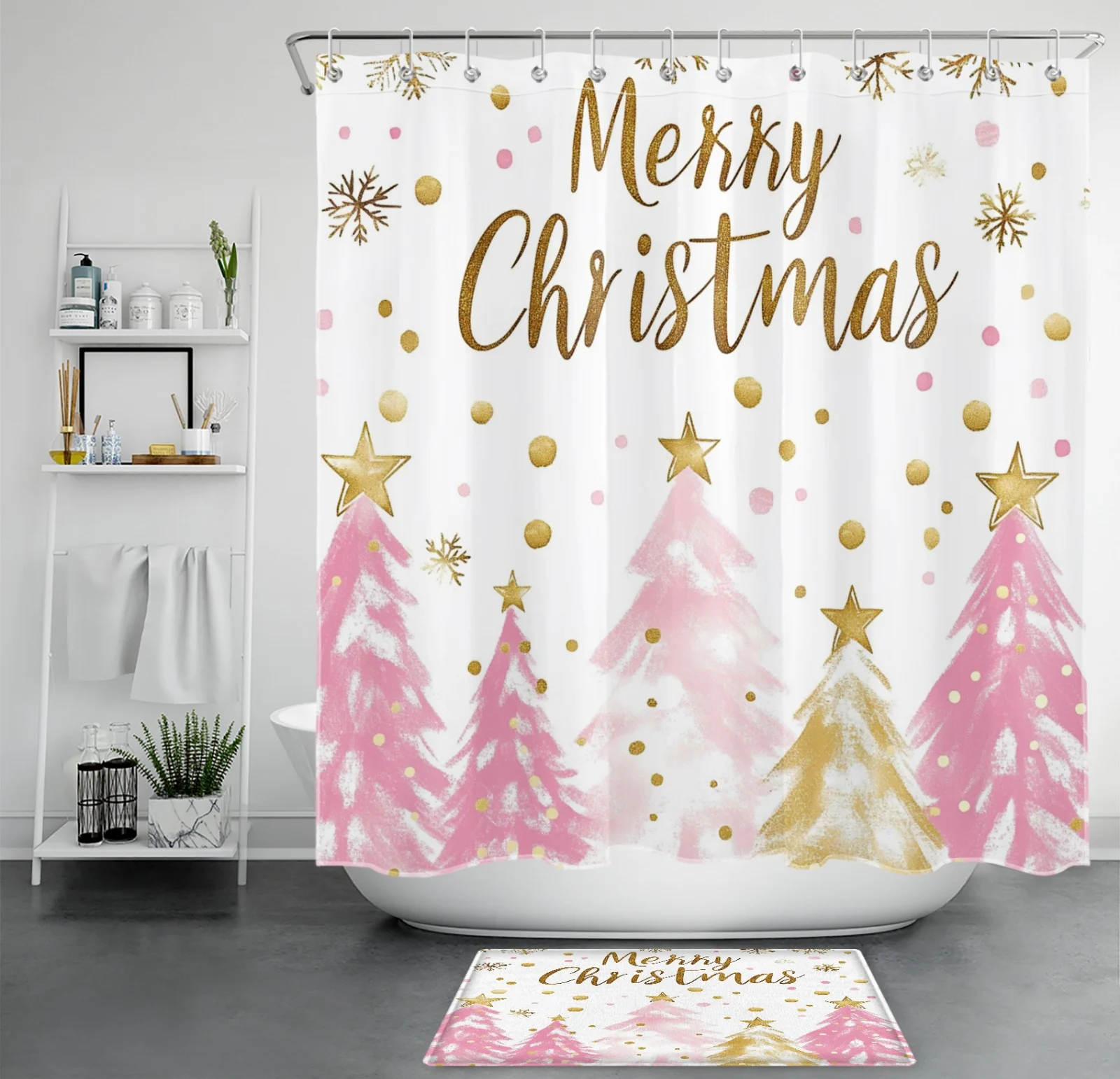 Winter Pine Tree Pink and Gold Christmas Shower Curtain Winter Pine Tree Pink and Gold Christmas Shower Curtain