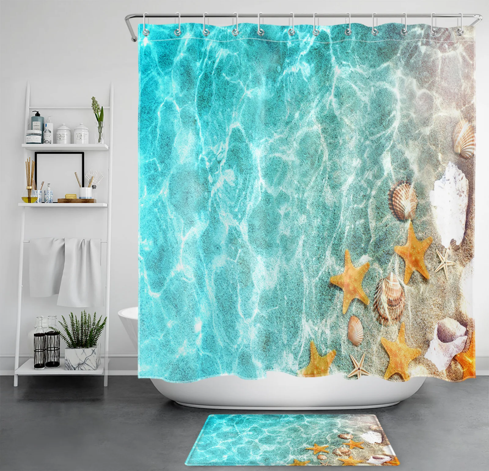 Summer Theme Teal Blue Coastal Seashell Shower Curtain