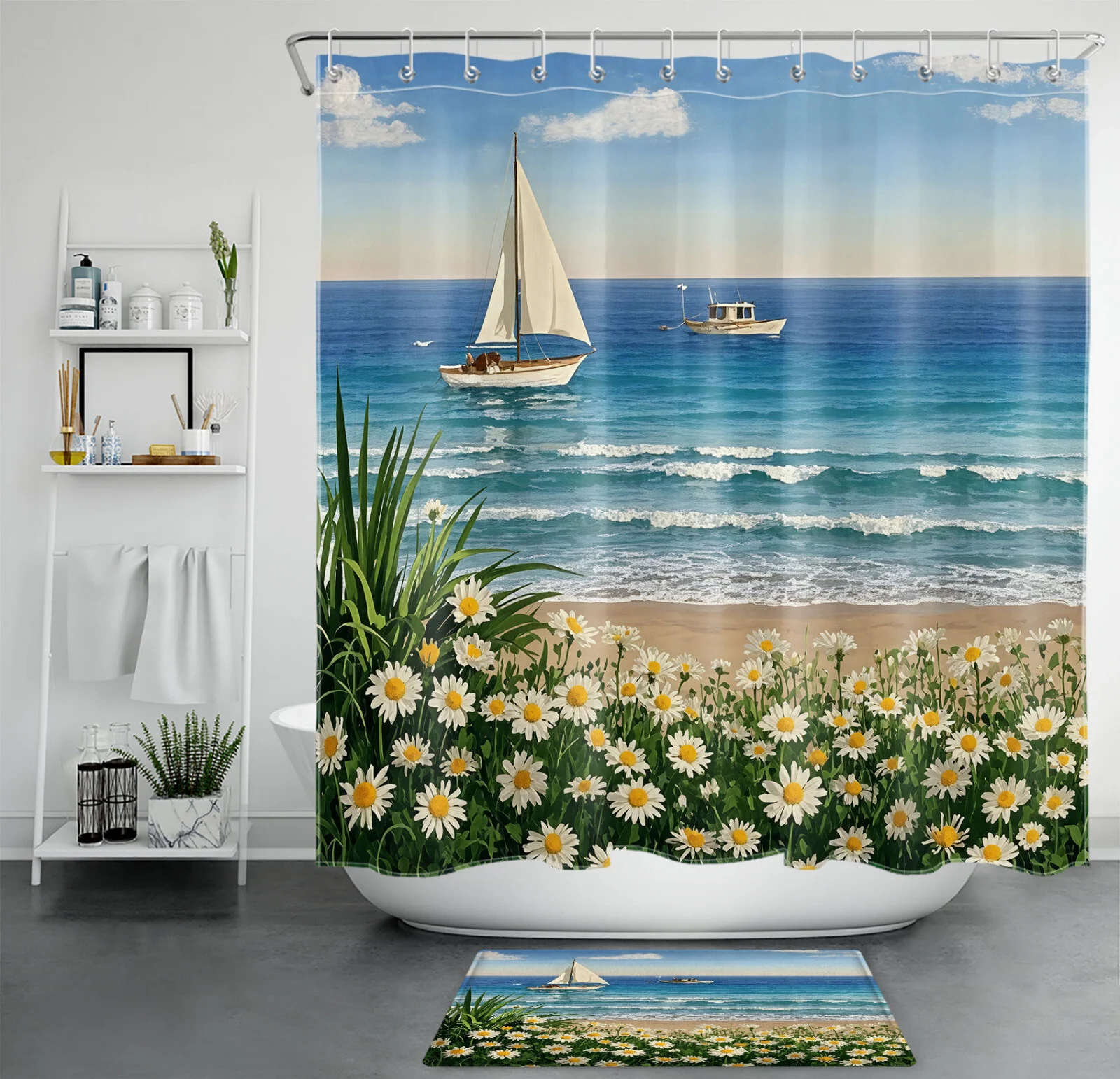 Yellow Daisy Floral on Vintage Wood Brown Shower Curtain