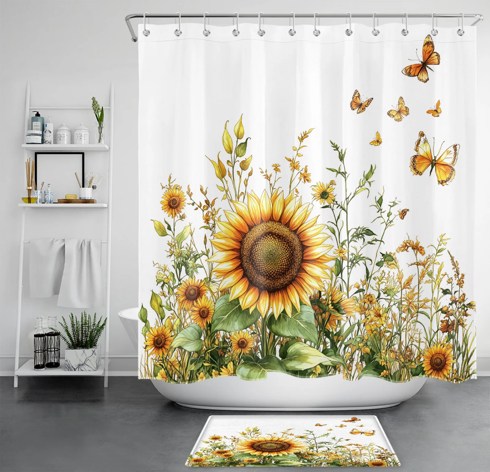 Summer Butterfly Yellow Sunflower Flower Shower Curtain
