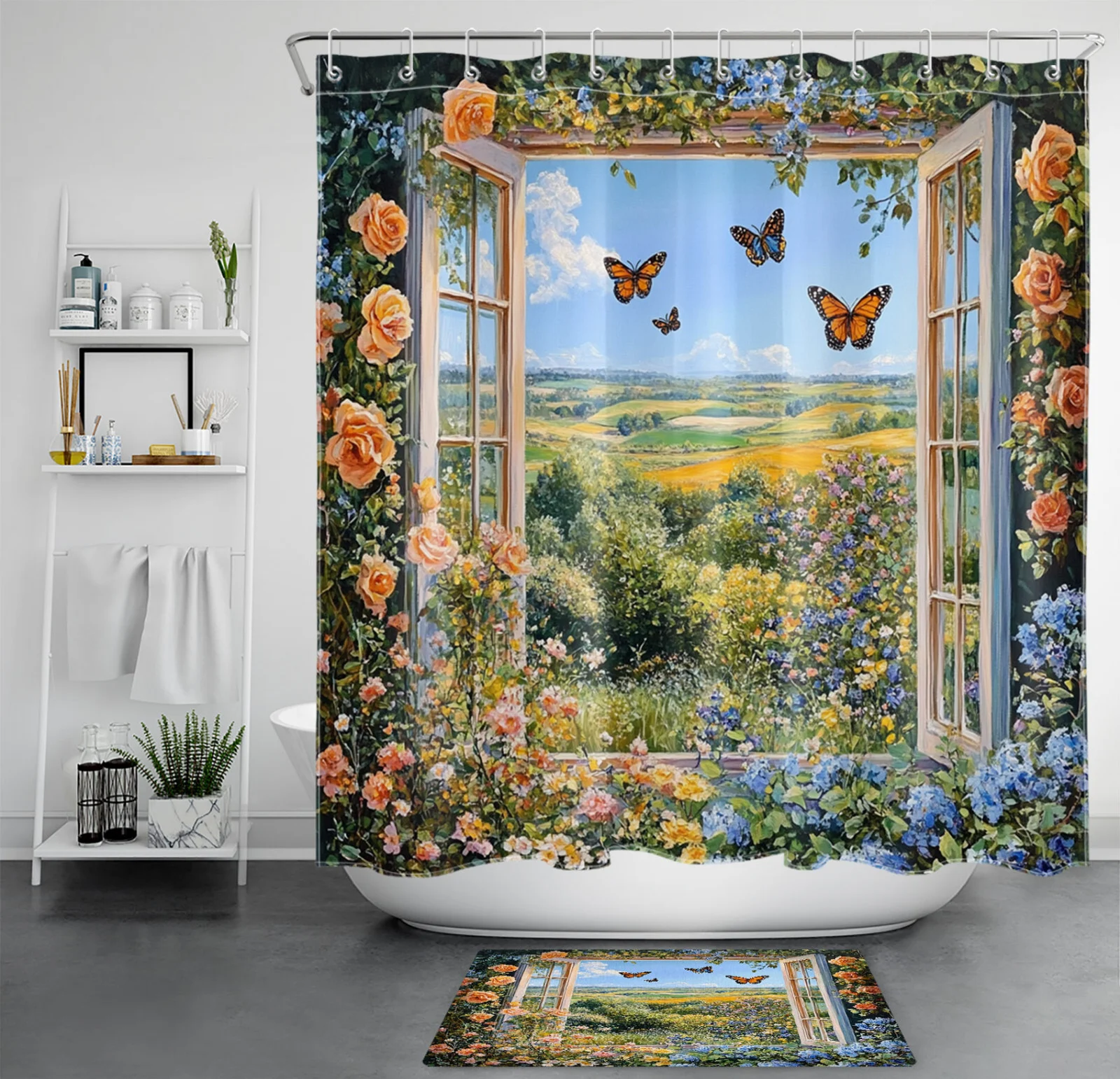 Garden Butterfly Blue Hydrangea Floral Shower Curtain