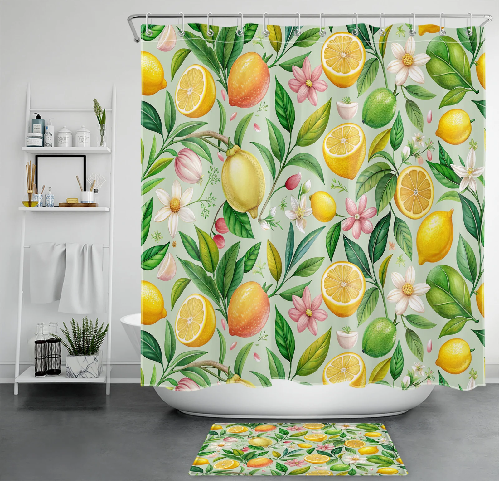 Summer Fruit Yellow Lemon Pink Floral Shower Curtain