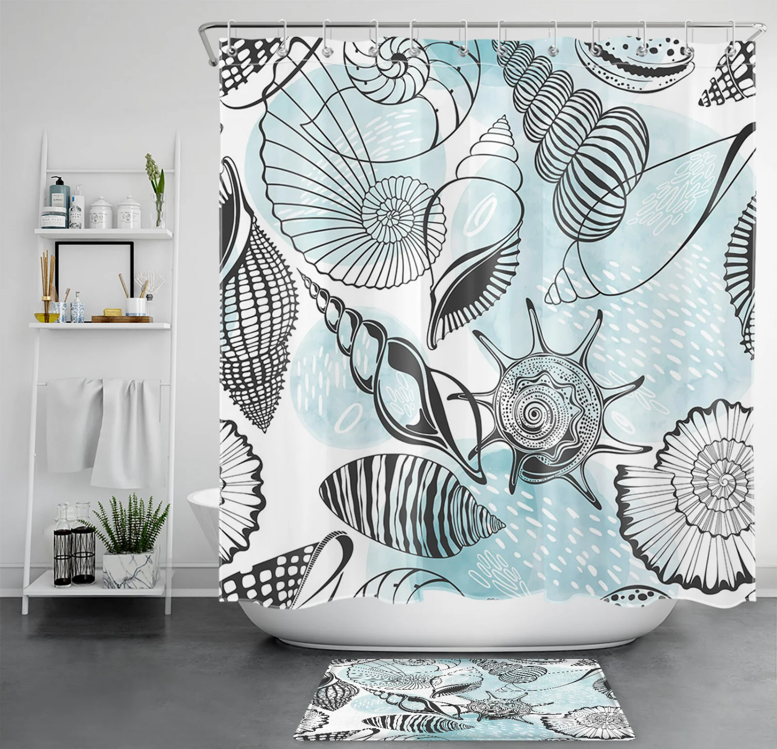 Beach Ocean Teal Blue Coastal Seashell Shower Curtain