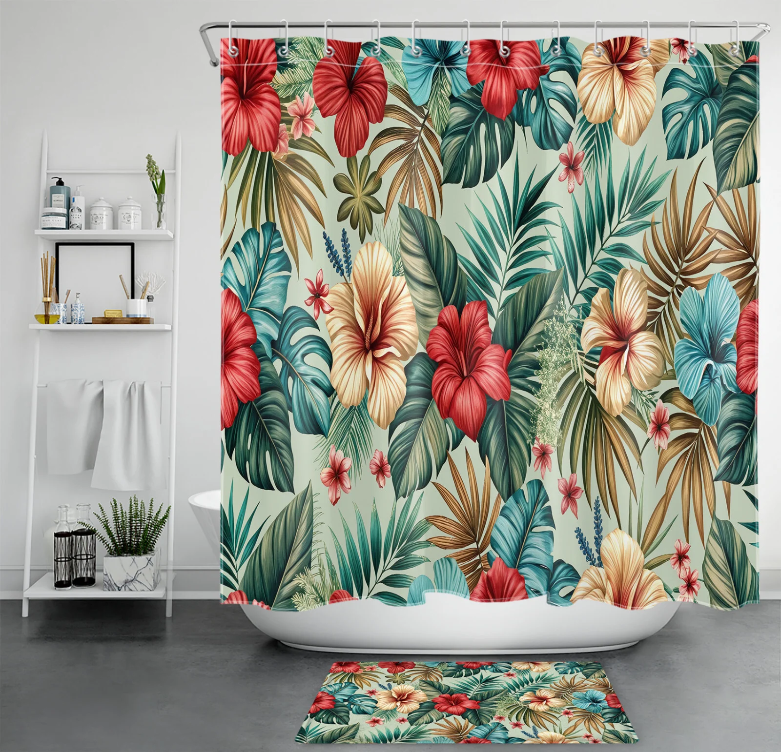 Summer Tropical Green Palm Leaf Red Floral Shower Curtain