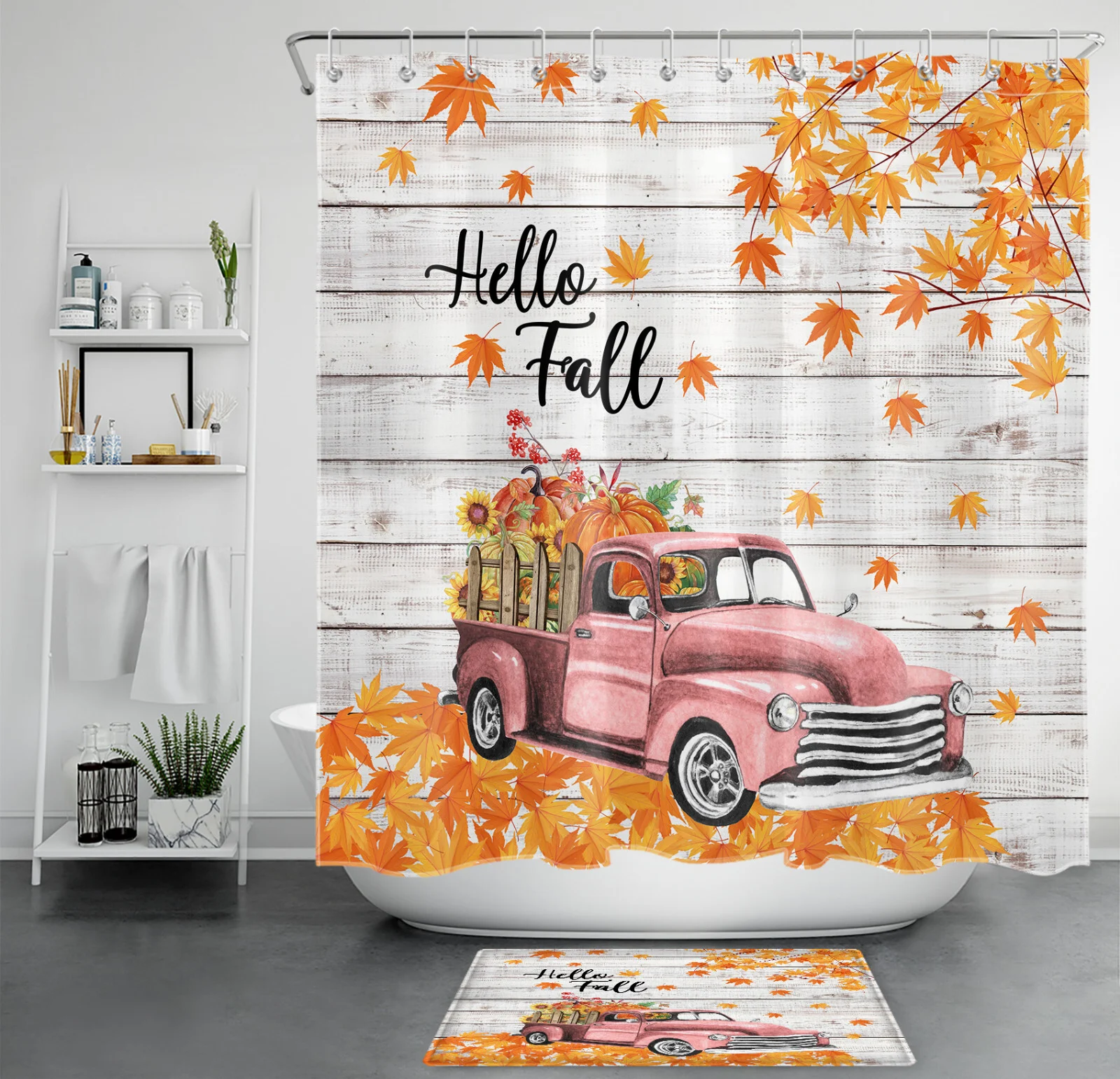 Autumn Leaves Red Retro Truck Hello Fall Shower Curtain