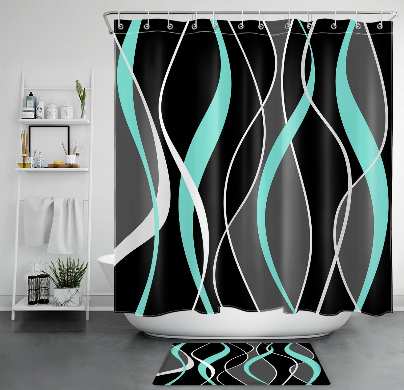 Yellow Striped Black and Gray Geometric Shower Curtain