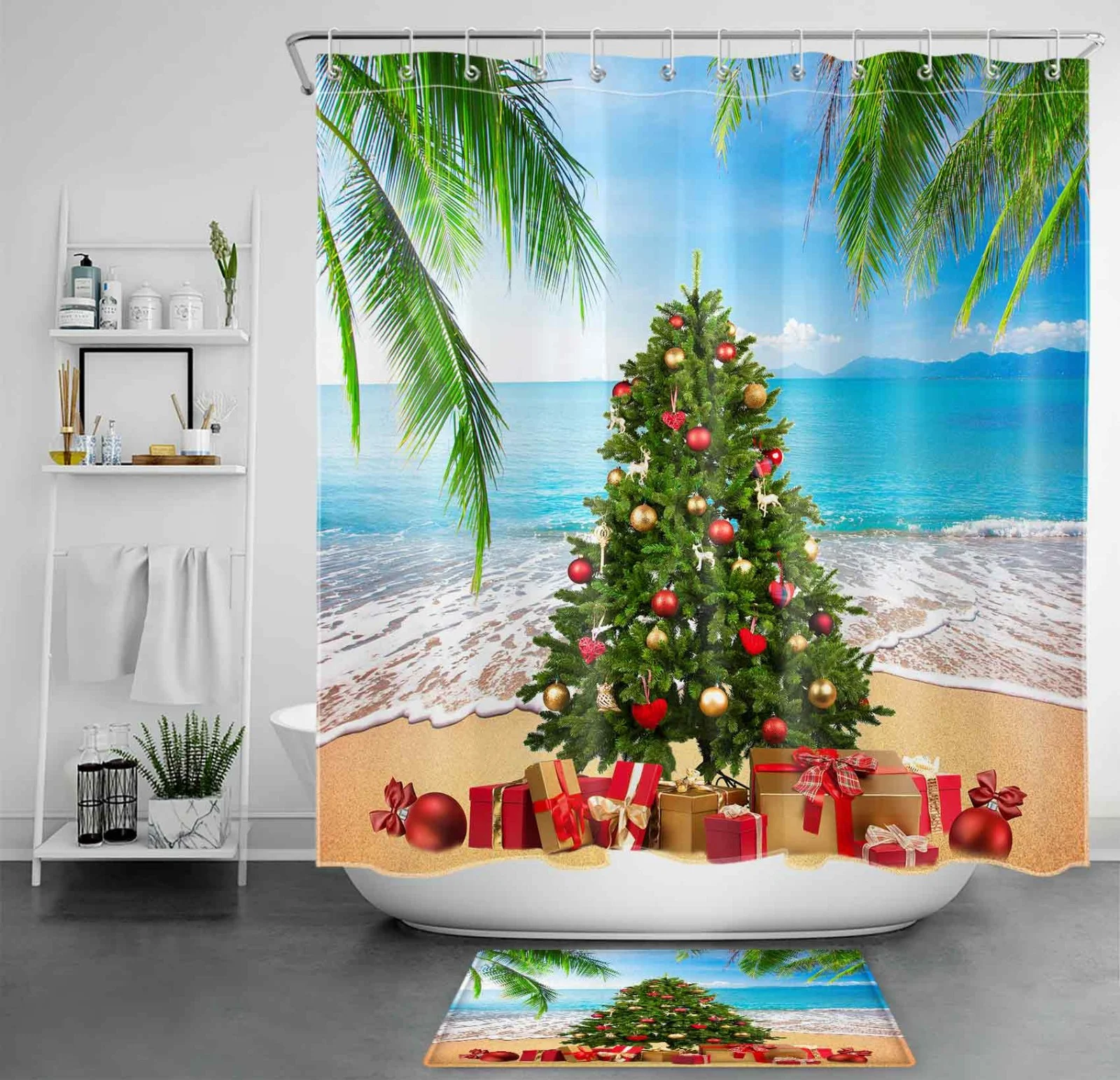 Farmhouse Winter Pine Tree Red Christmas Shower Curtain
