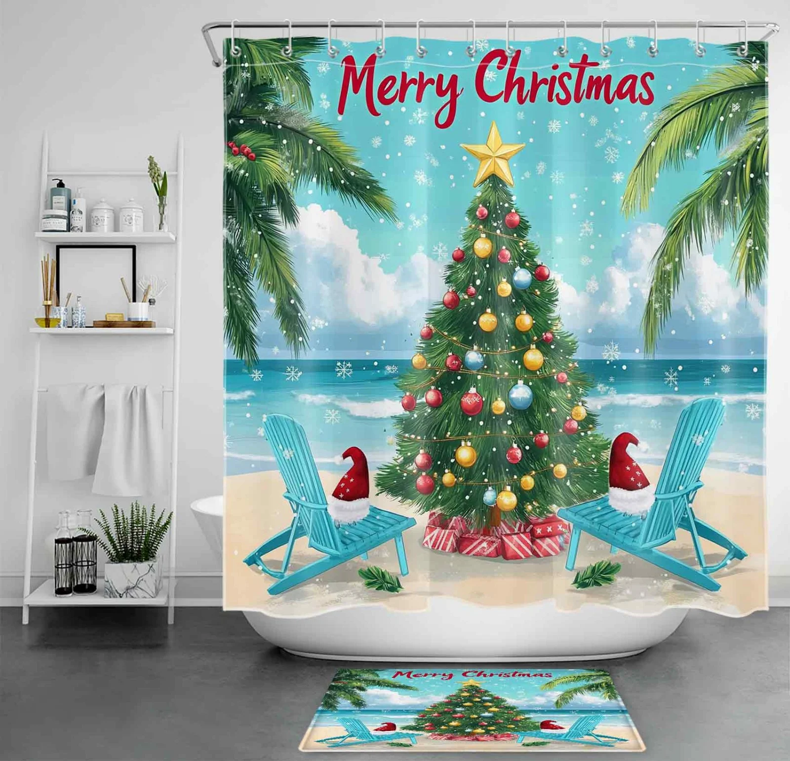 Coastal Green Xmas Tree on Christmas Beach Shower Curtain