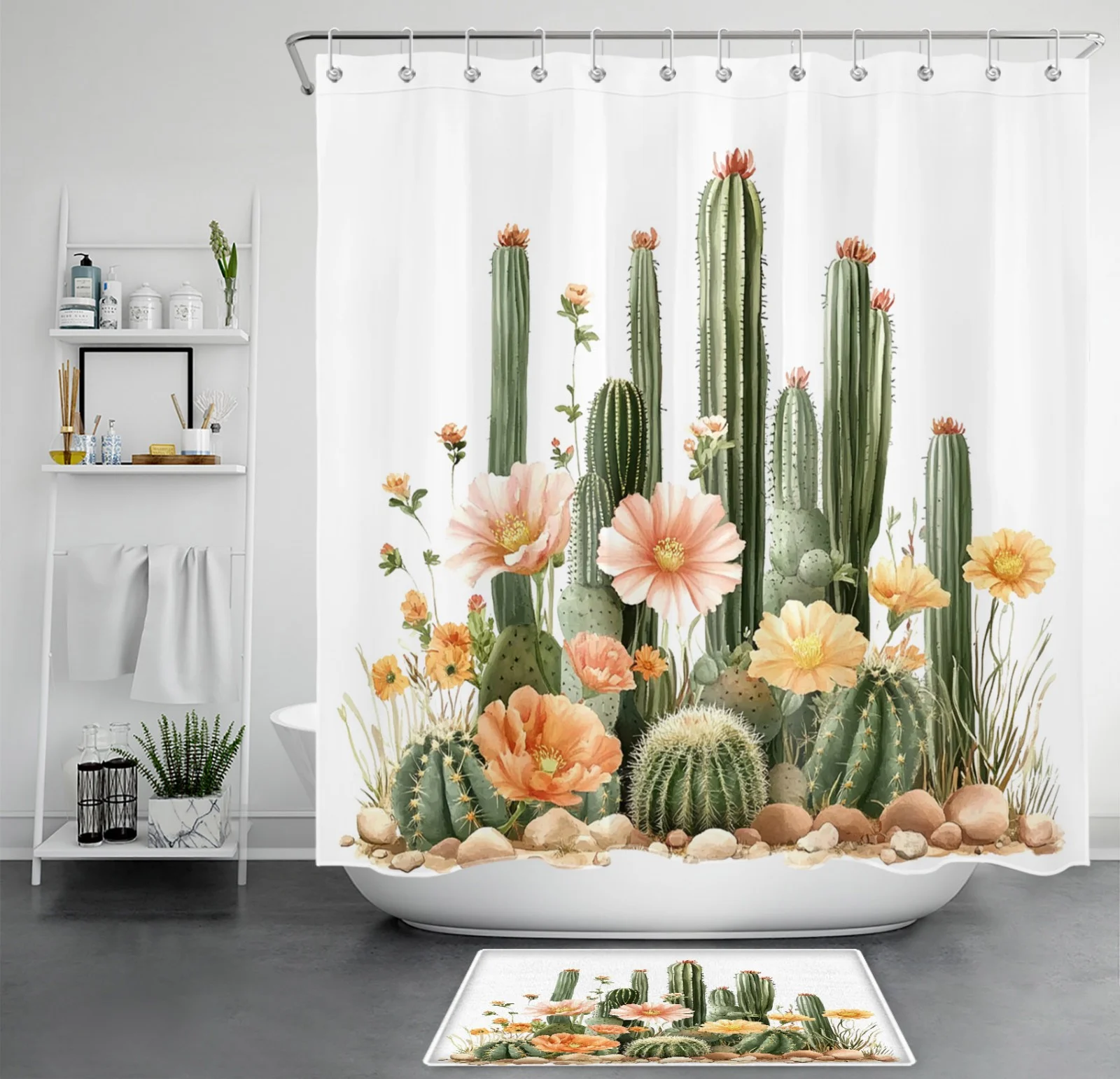 Western Country Green Cactus Pink Floral Shower Curtain