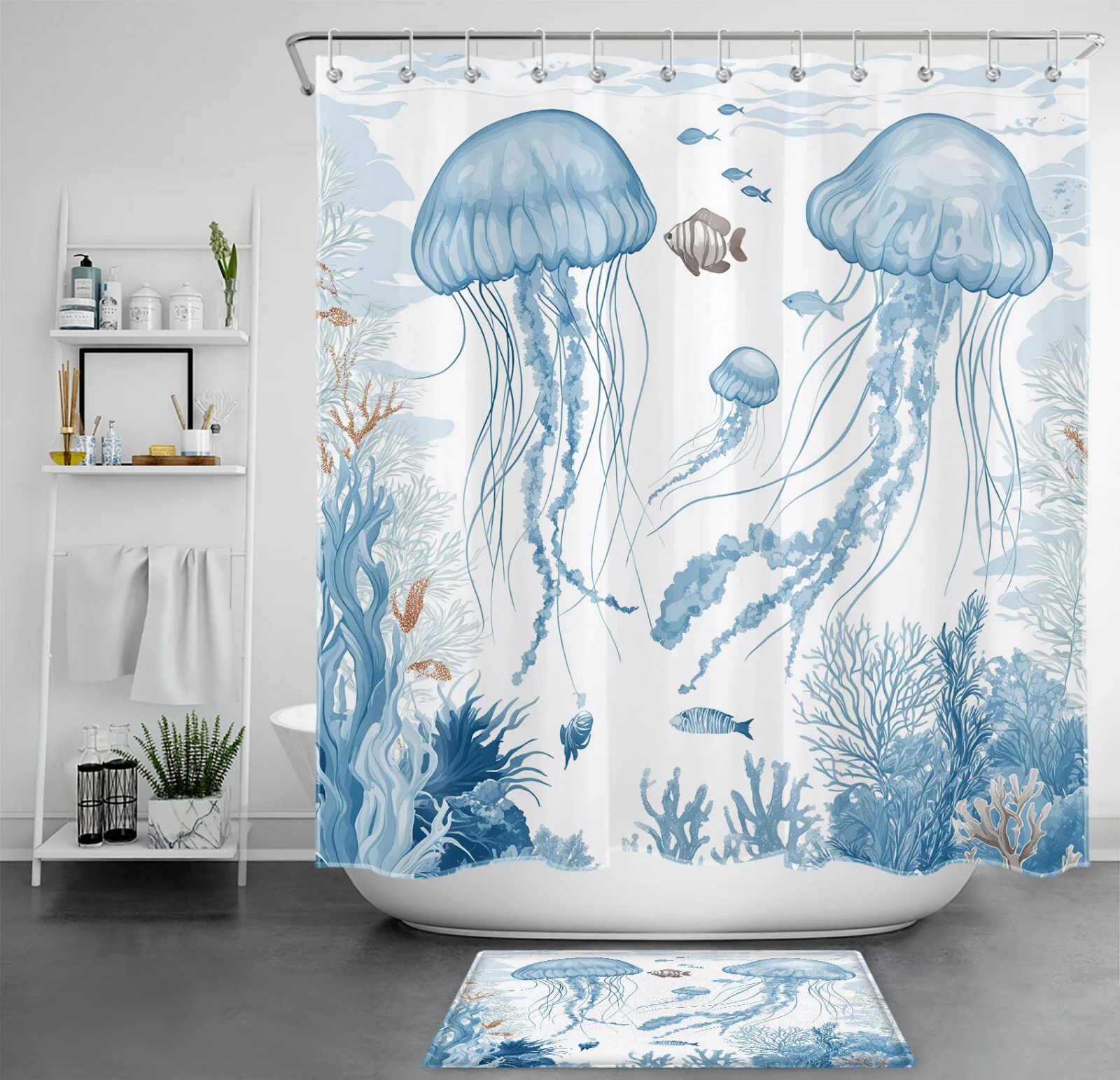 Summer Teal Blue Ocean Coastal Jellyfish Shower Curtain