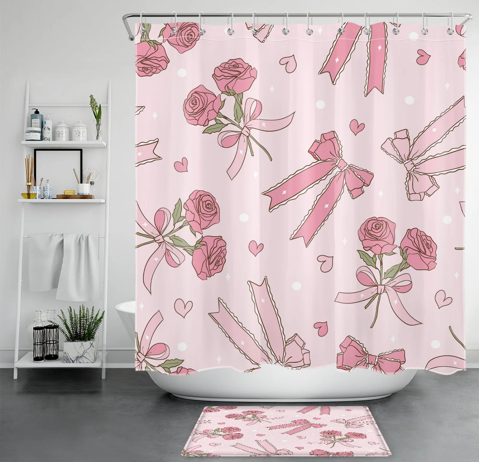 Modern Aesthetic Valentine Cute Bow Green Shower Curtain Modern Aesthetic Valentine Cute Bow Green Shower Curtain