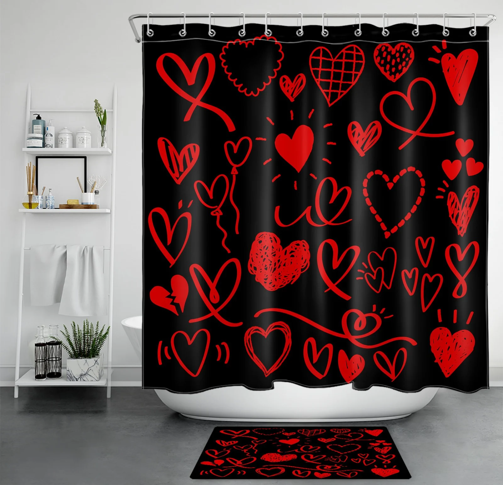 Valentine's Day Red Love Heart on Black Shower Curtain