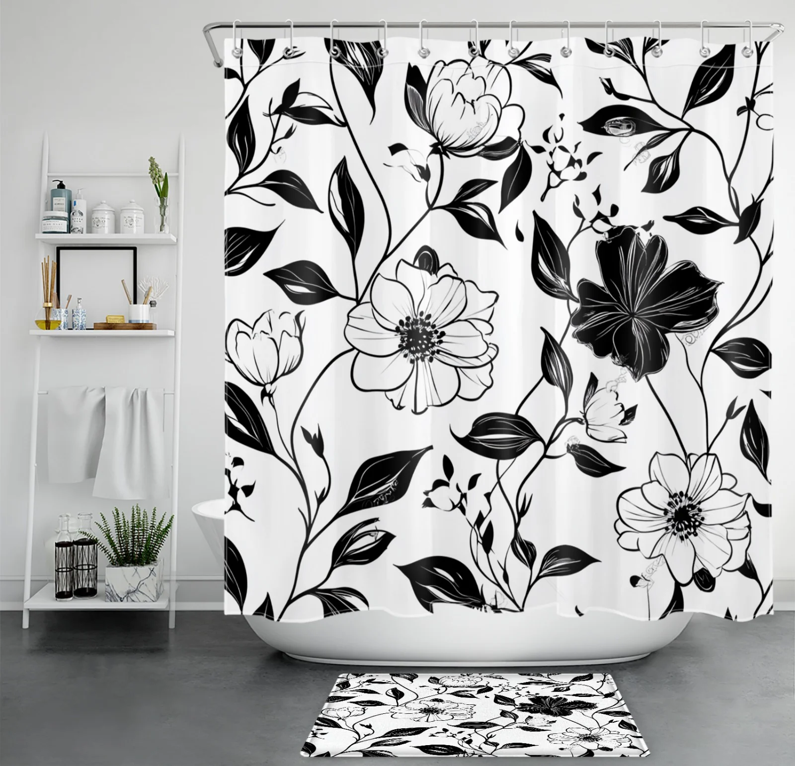 Vintage Aesthetic Black and White Floral Shower Curtain