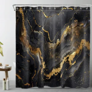 Gold and White Floral on Grey Marble Shower Curtain