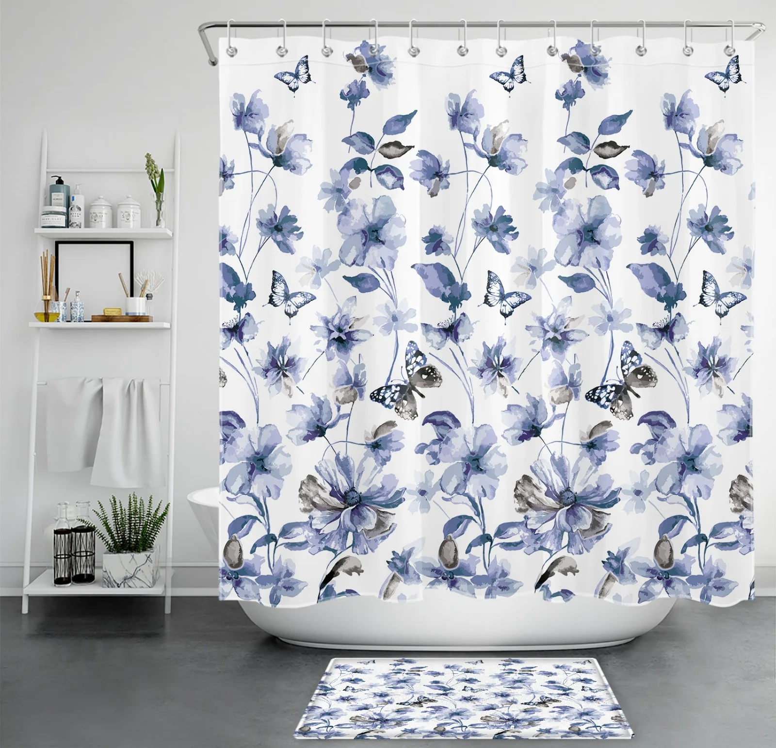 Plant Green Leaves Watercolor Pink Floral Shower Curtain