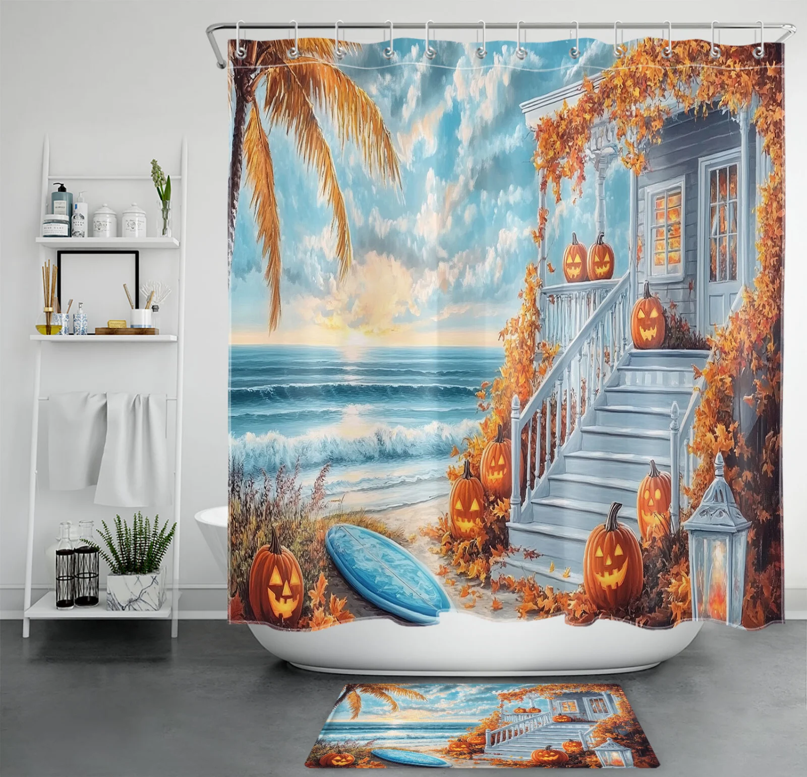 Autumn Leaves Pumpkin Funny Fall Gnome Shower Curtain