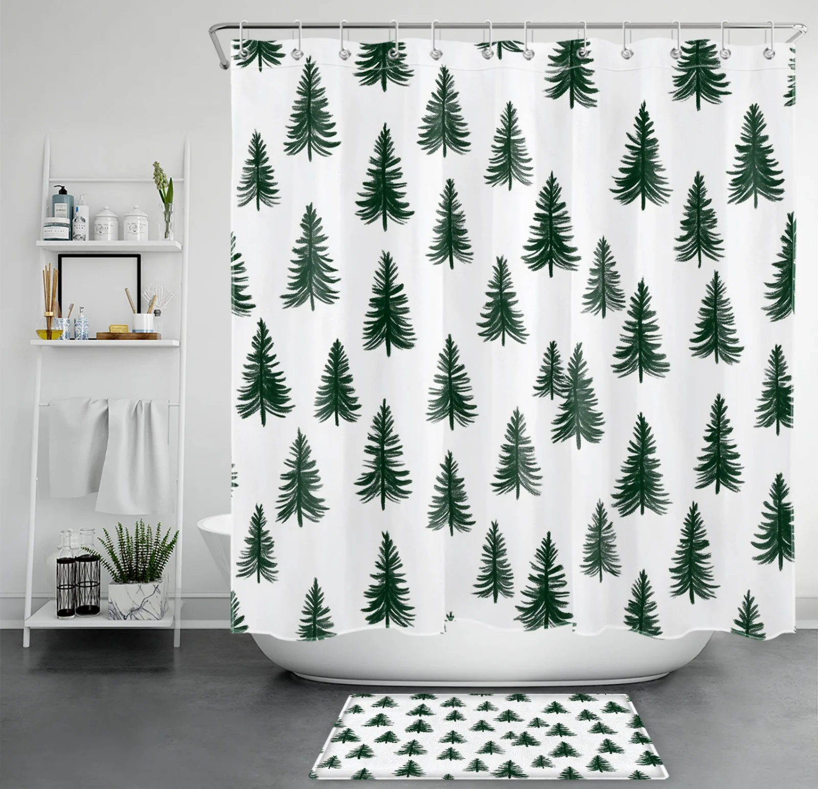 White Snowflake Forest Christmas Tree Red Shower Curtain
