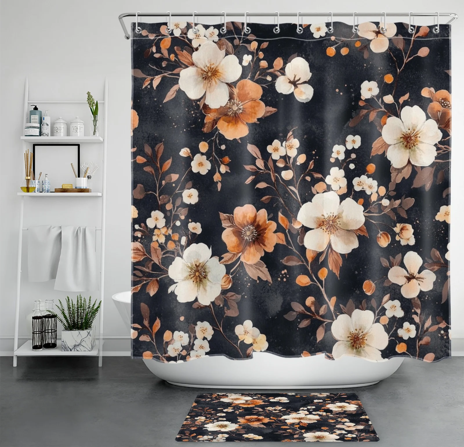 Brown Botanical Leaf Orange Floral Black Shower Curtain Brown Botanical Leaf Orange Floral Black Shower Curtain