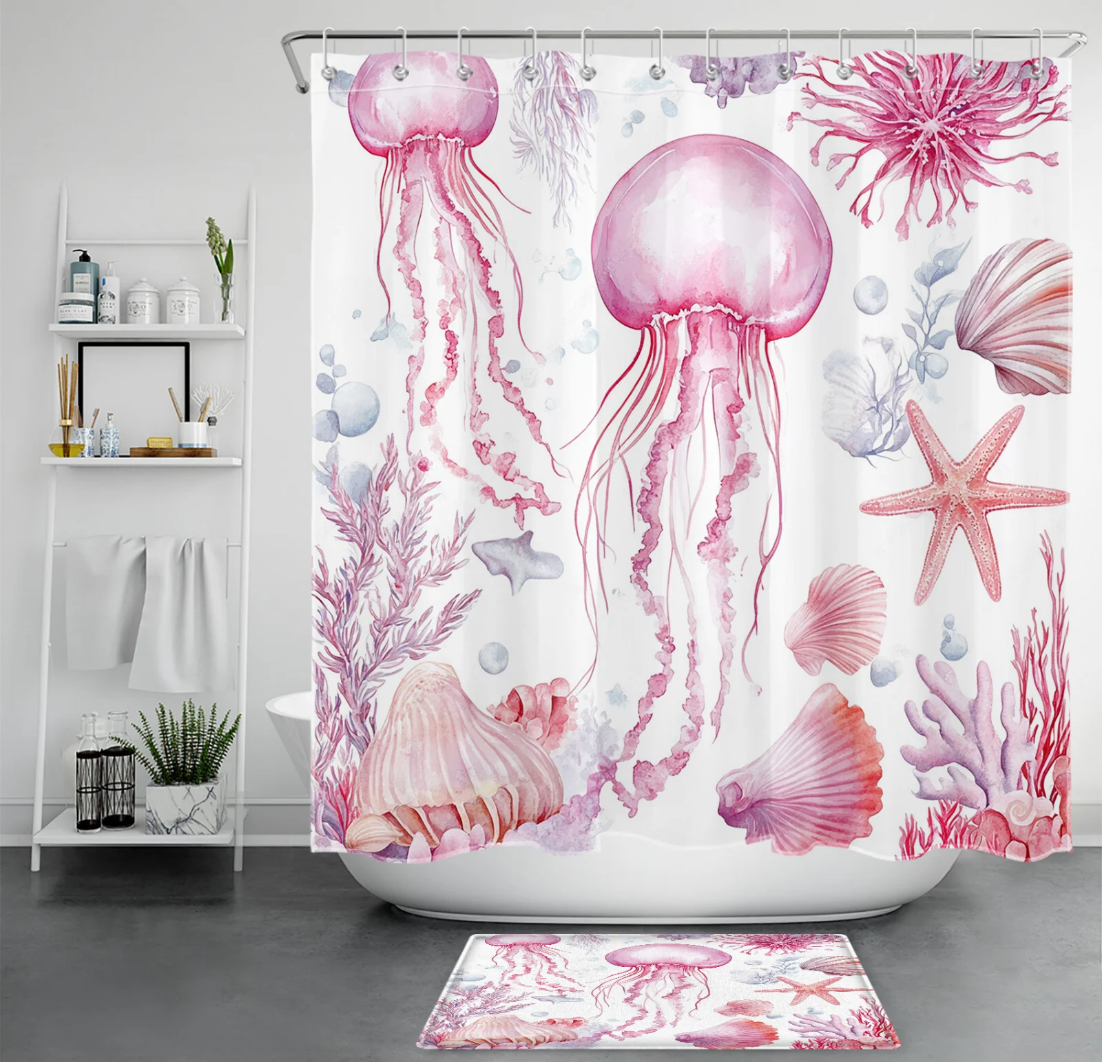 Ocean Starfish Seashell Pink Jellyfish Shower Curtain