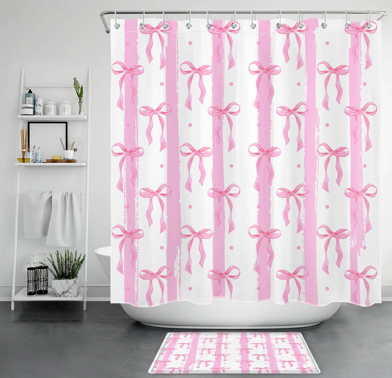 Minimalist Pink and White Vertical Striped Shower Curtain