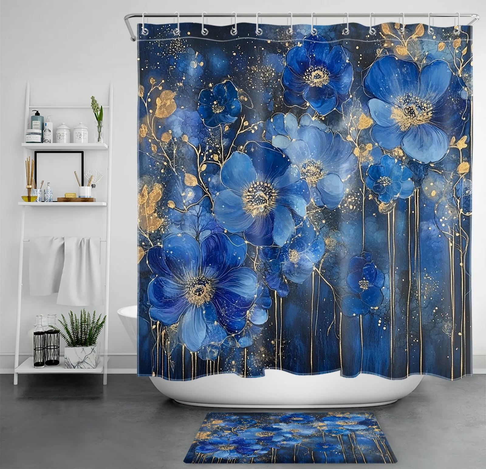 Country Botanical Gold Leaves Blue Floral Shower Curtain Country Botanical Gold Leaves Blue Floral Shower Curtain