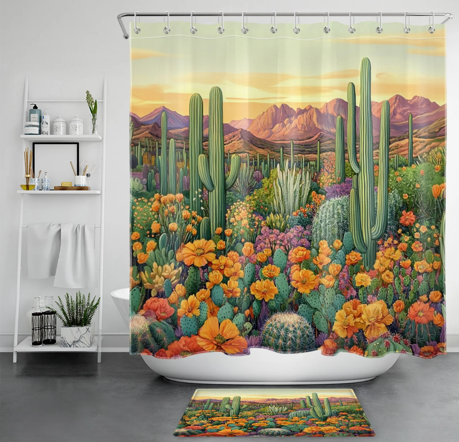 Stained Glass Desert Green Plant Cactus Shower Curtain