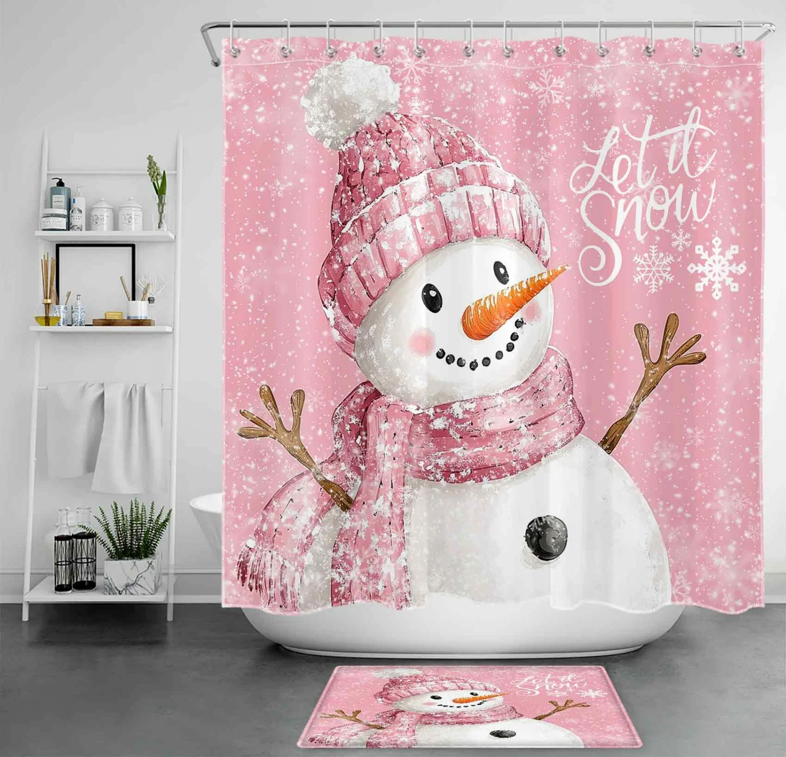White Snowflake Pink Christmas Snowman Shower Curtain