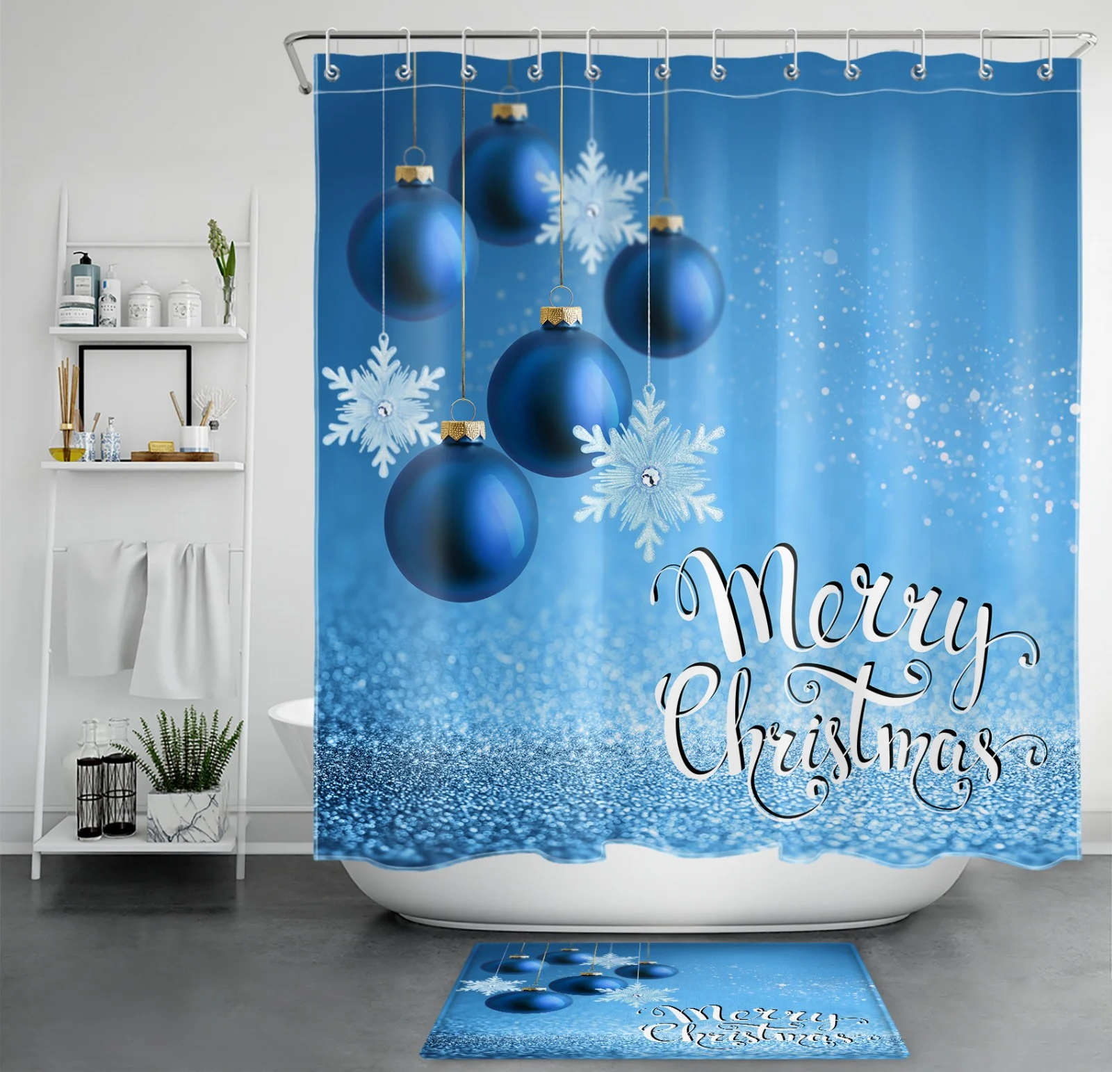 White Snowflake Xmas Ball Blue Christmas Shower Curtain