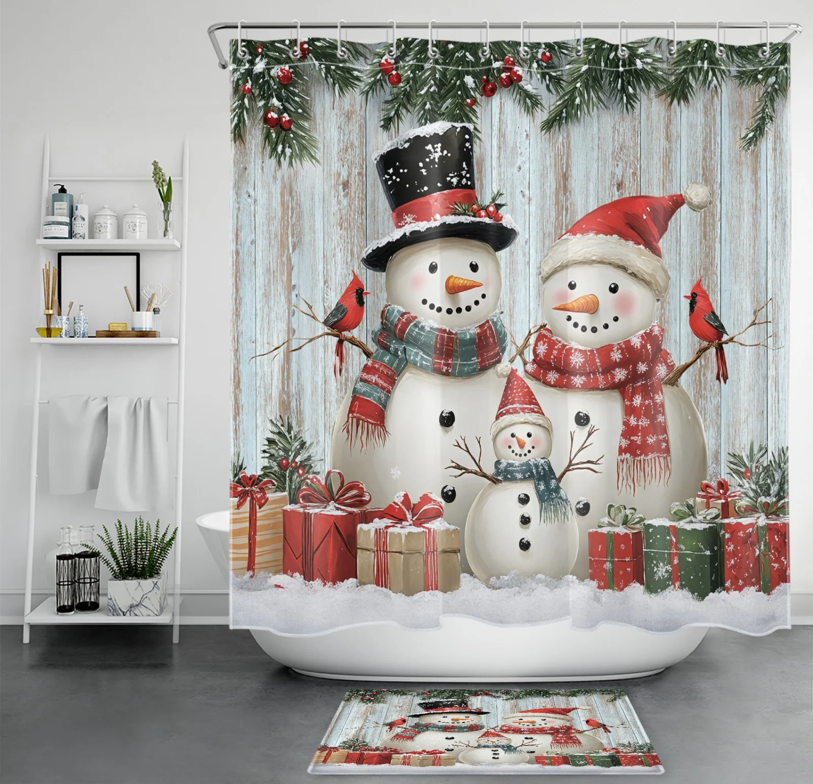 Modern Merry Christmas on Silver and Red Shower Curtain